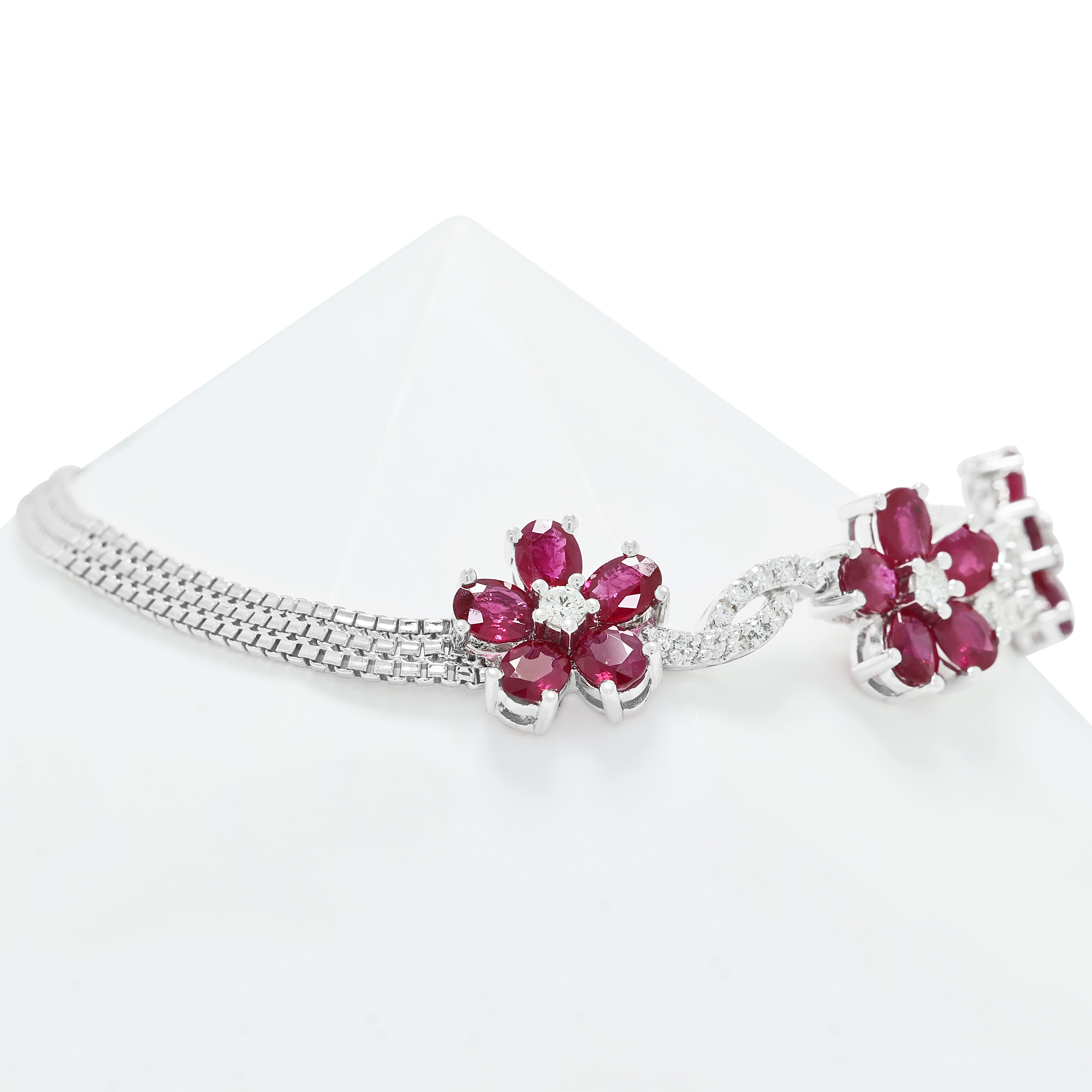 Radiant 3.00ct Ruby and 0.50ct Natural Diamond Floral Motif Bracelet in 18K White Gold