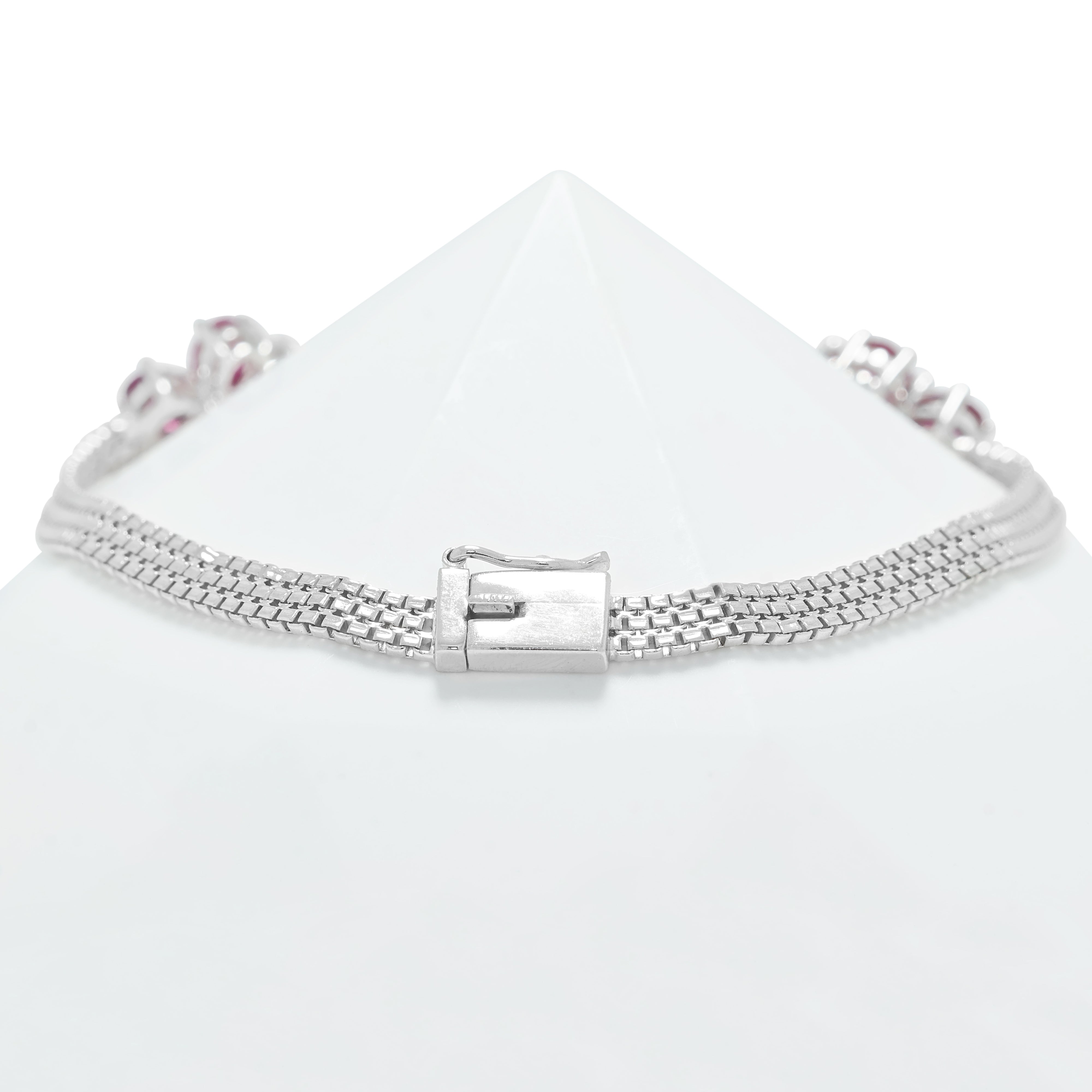 Radiant 3.00ct Ruby and 0.50ct Natural Diamond Floral Motif Bracelet in 18K White Gold
