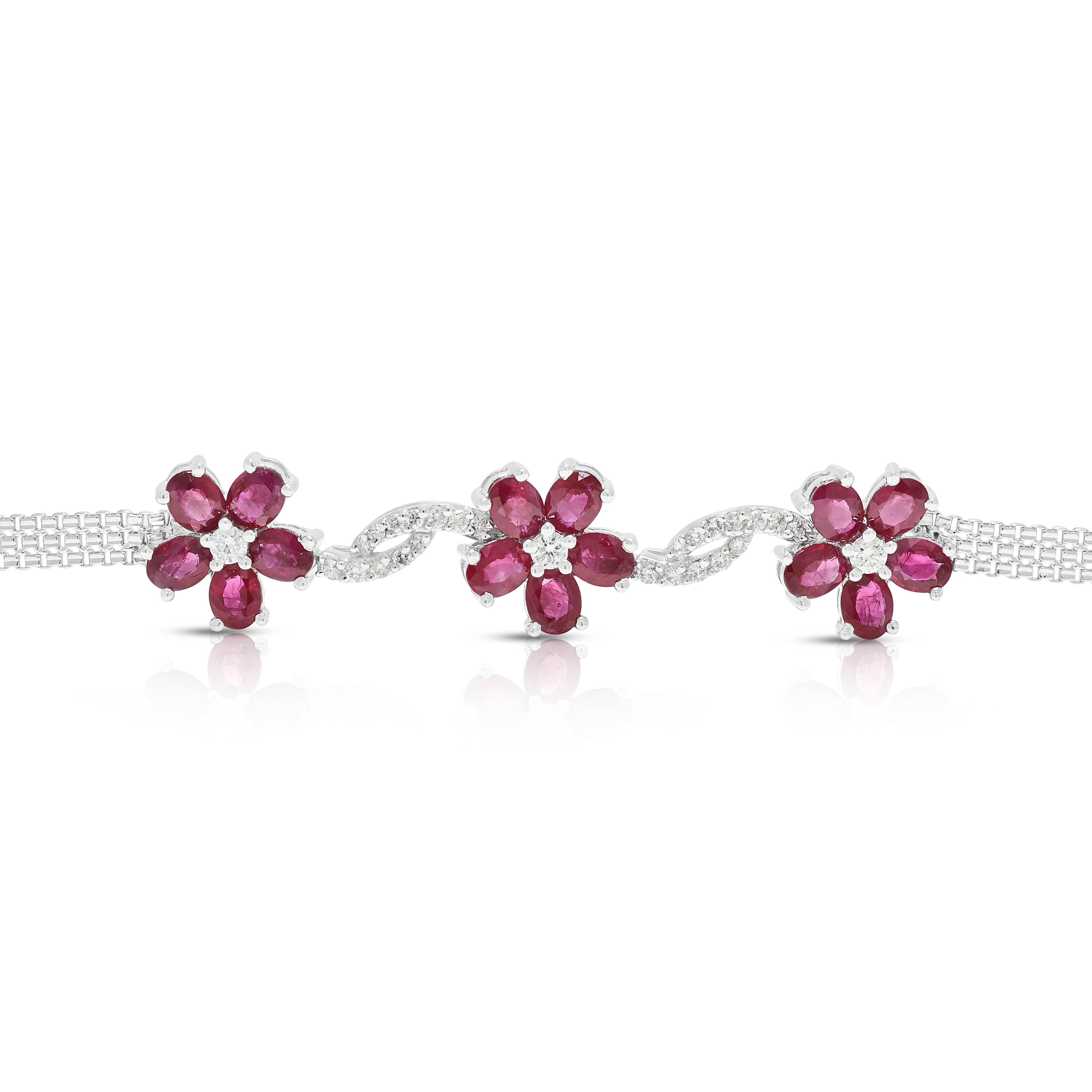 Radiant 3.00ct Ruby and 0.50ct Natural Diamond Floral Motif Bracelet in 18K White Gold