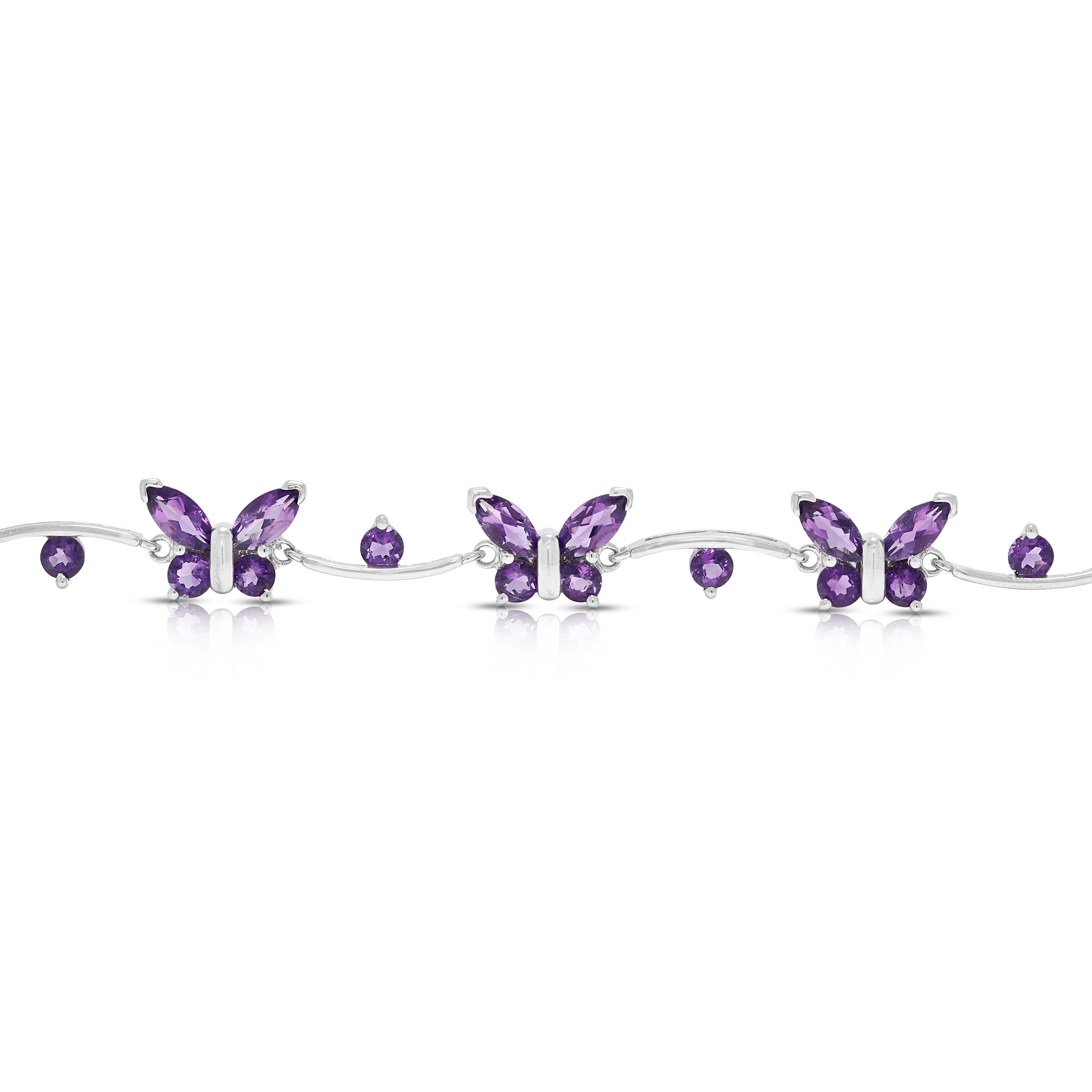 Vibrant 3.10ct Amethyst Butterfly Station Bracelet in 14K White Gold