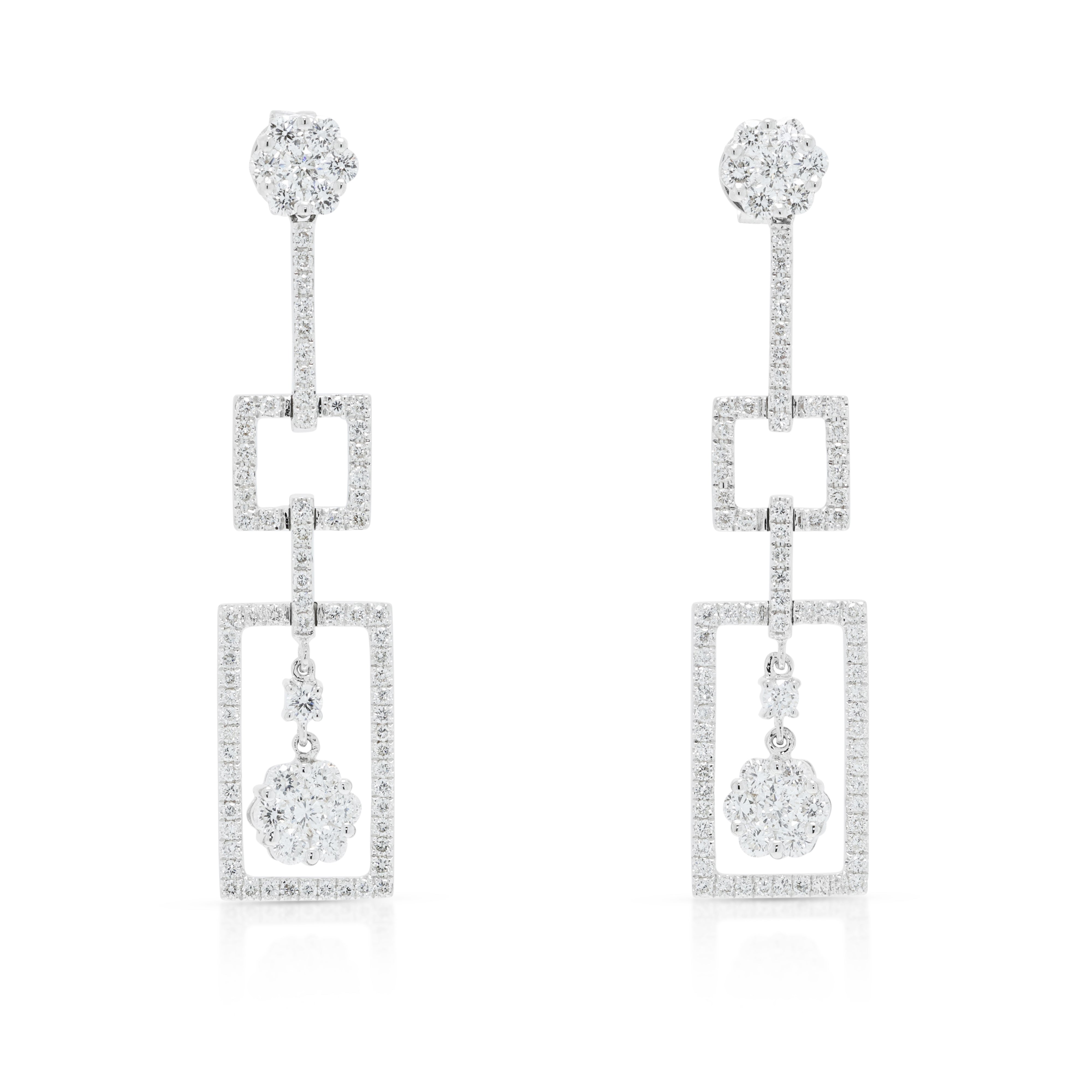 Breathtaking 1.35ct Natural Diamond Geometric Triple Drop Earrings in 18K White Gold