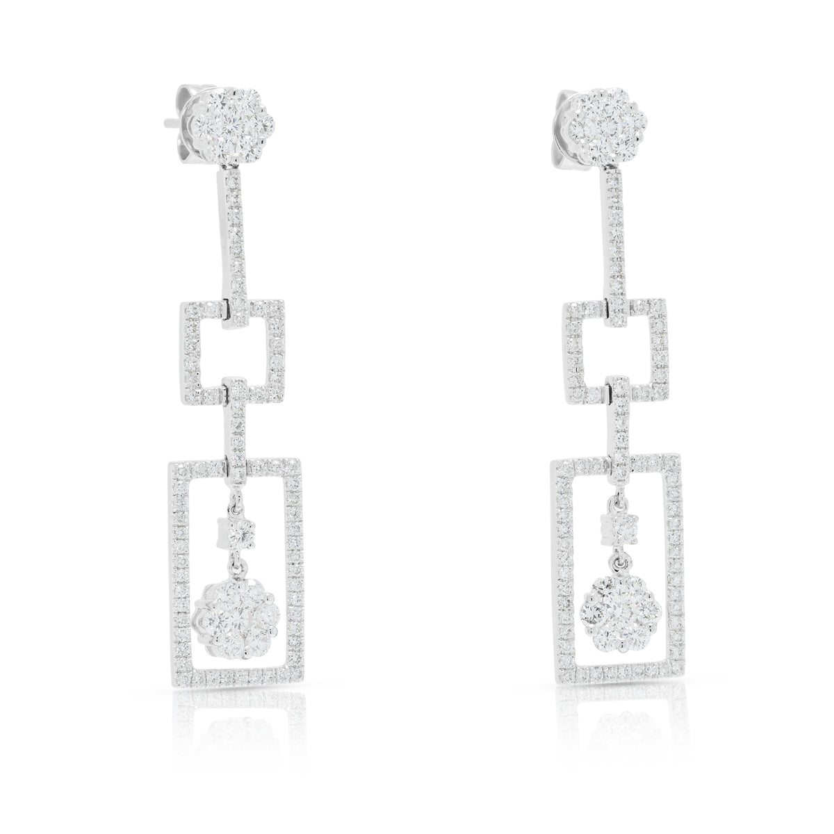 Breathtaking 1.35ct Natural Diamond Geometric Triple Drop Earrings in 18K White Gold