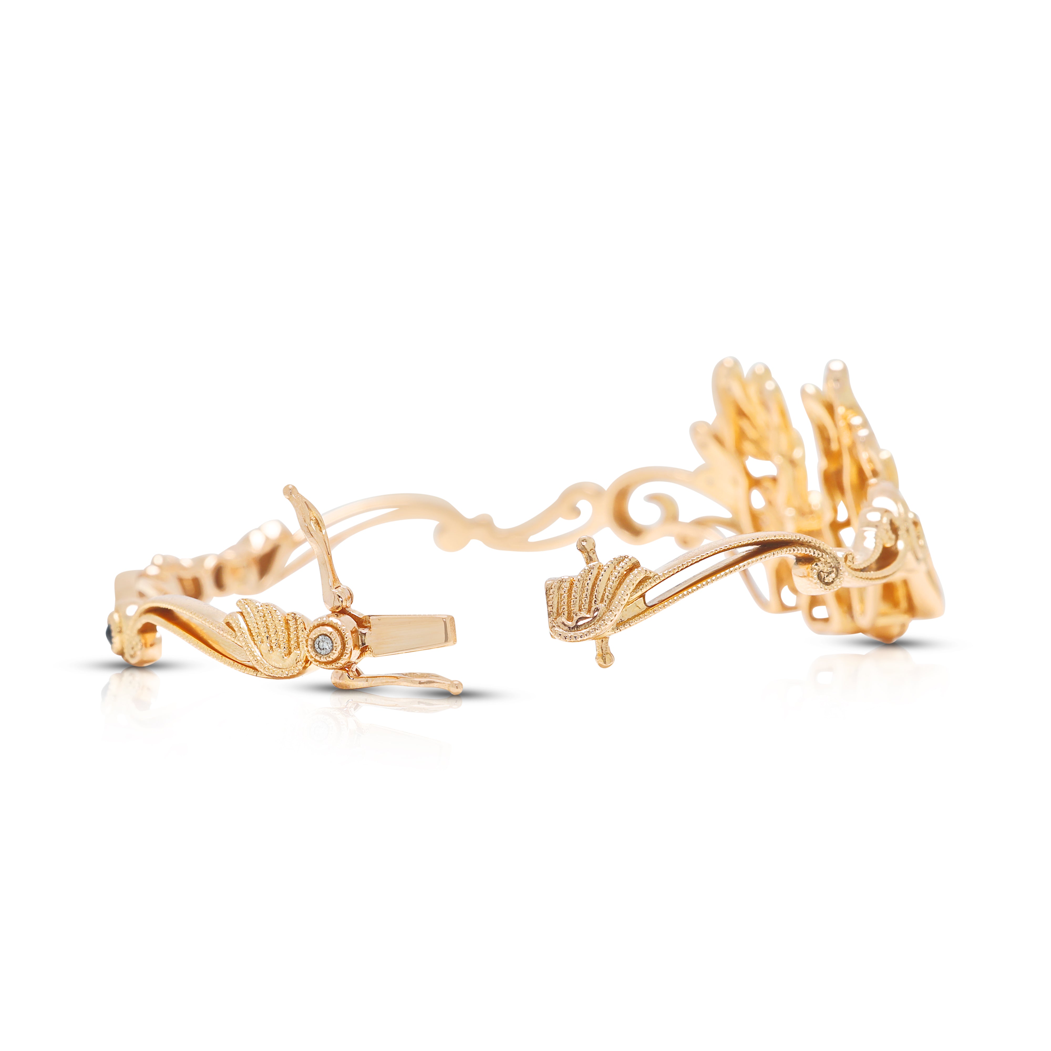 Ornate 0.15ct Natural Diamond and 0.05ct Sapphire Sculpted Wing Hinged Bangle Bracelet in 18K Rose Gold