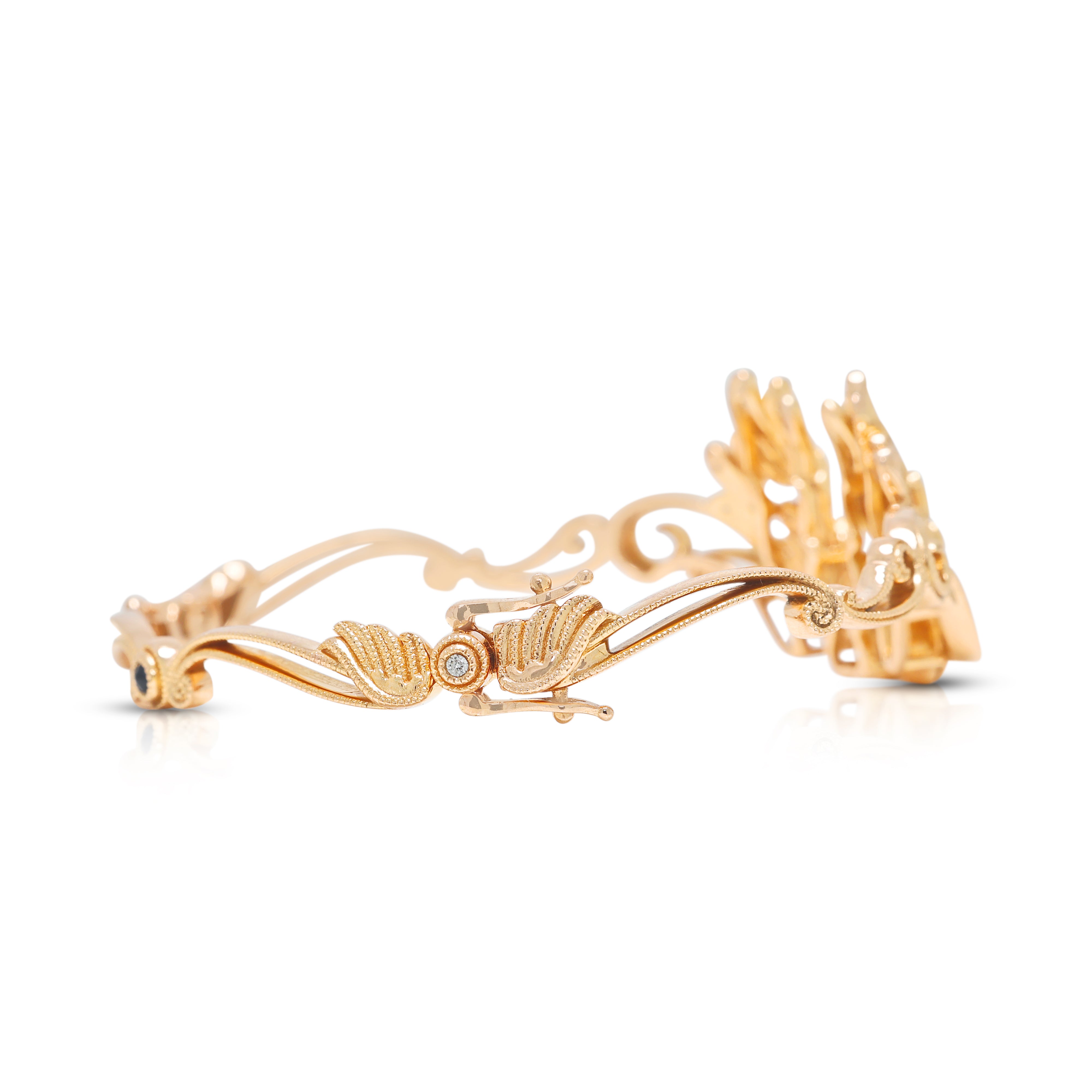 Ornate 0.15ct Natural Diamond and 0.05ct Sapphire Sculpted Wing Hinged Bangle Bracelet in 18K Rose Gold