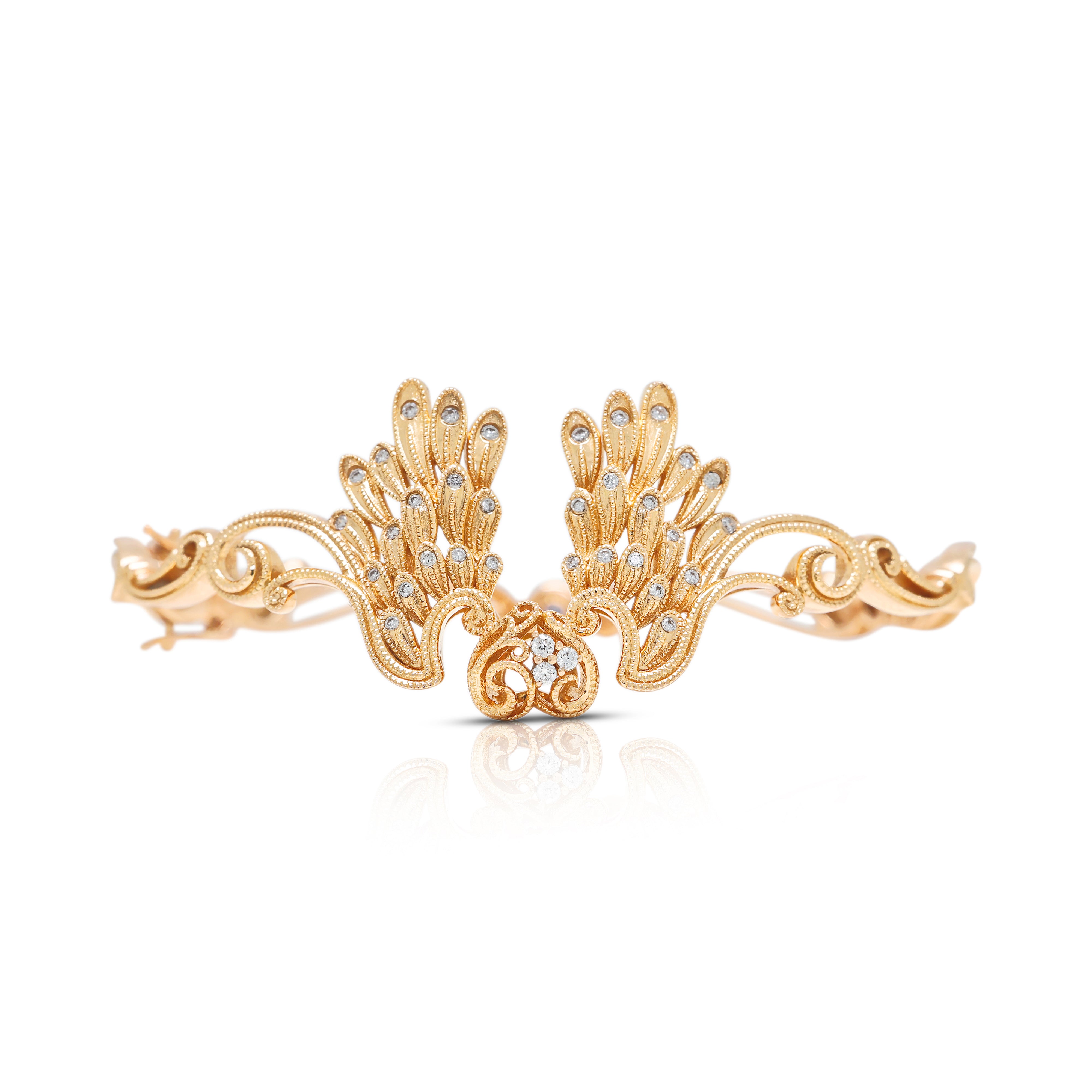 Ornate 0.15ct Natural Diamond and 0.05ct Sapphire Sculpted Wing Hinged Bangle Bracelet in 18K Rose Gold