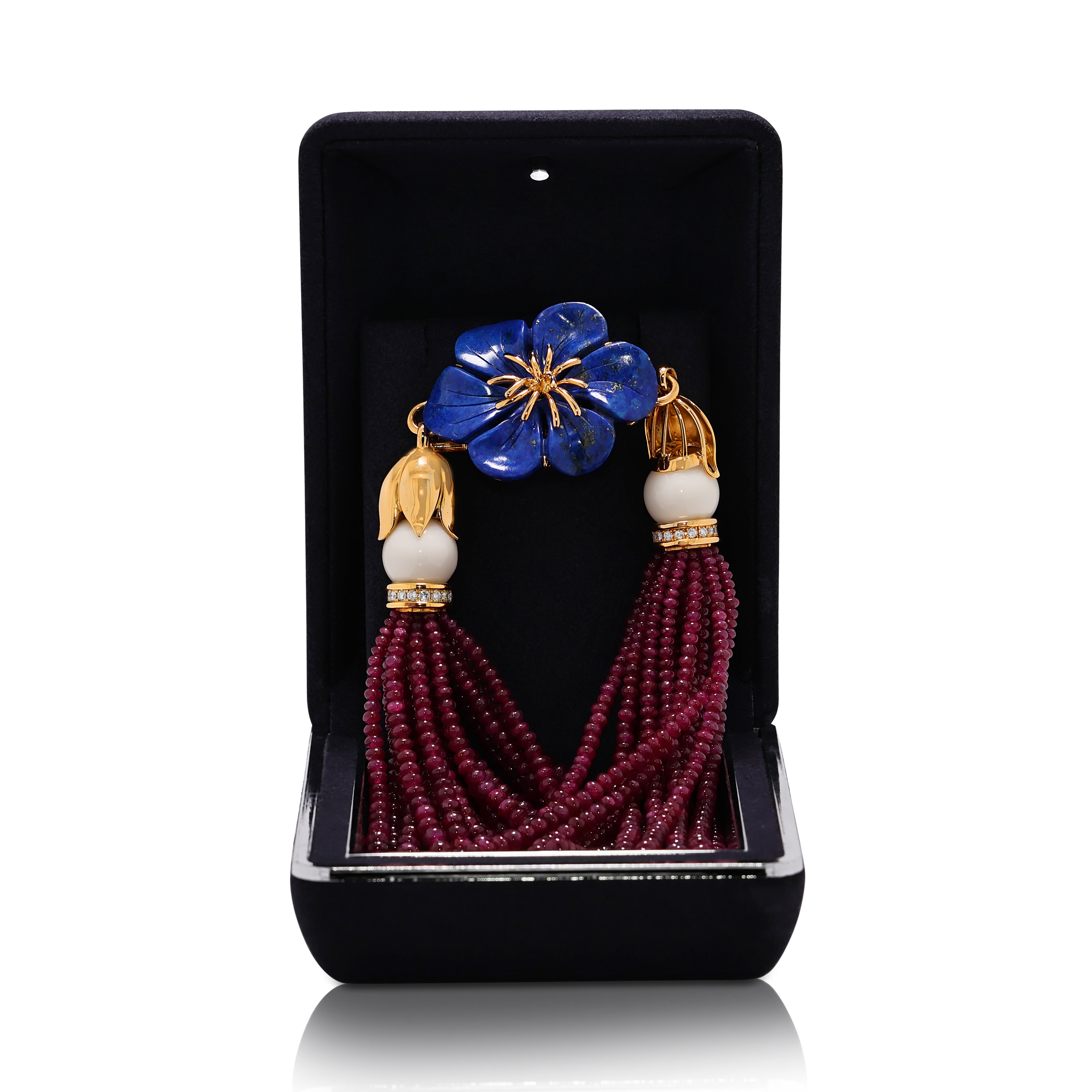Magnificent 0.72ct Natural Diamond, Lapis & Ruby Bead Brooch in 18K Yellow Gold
