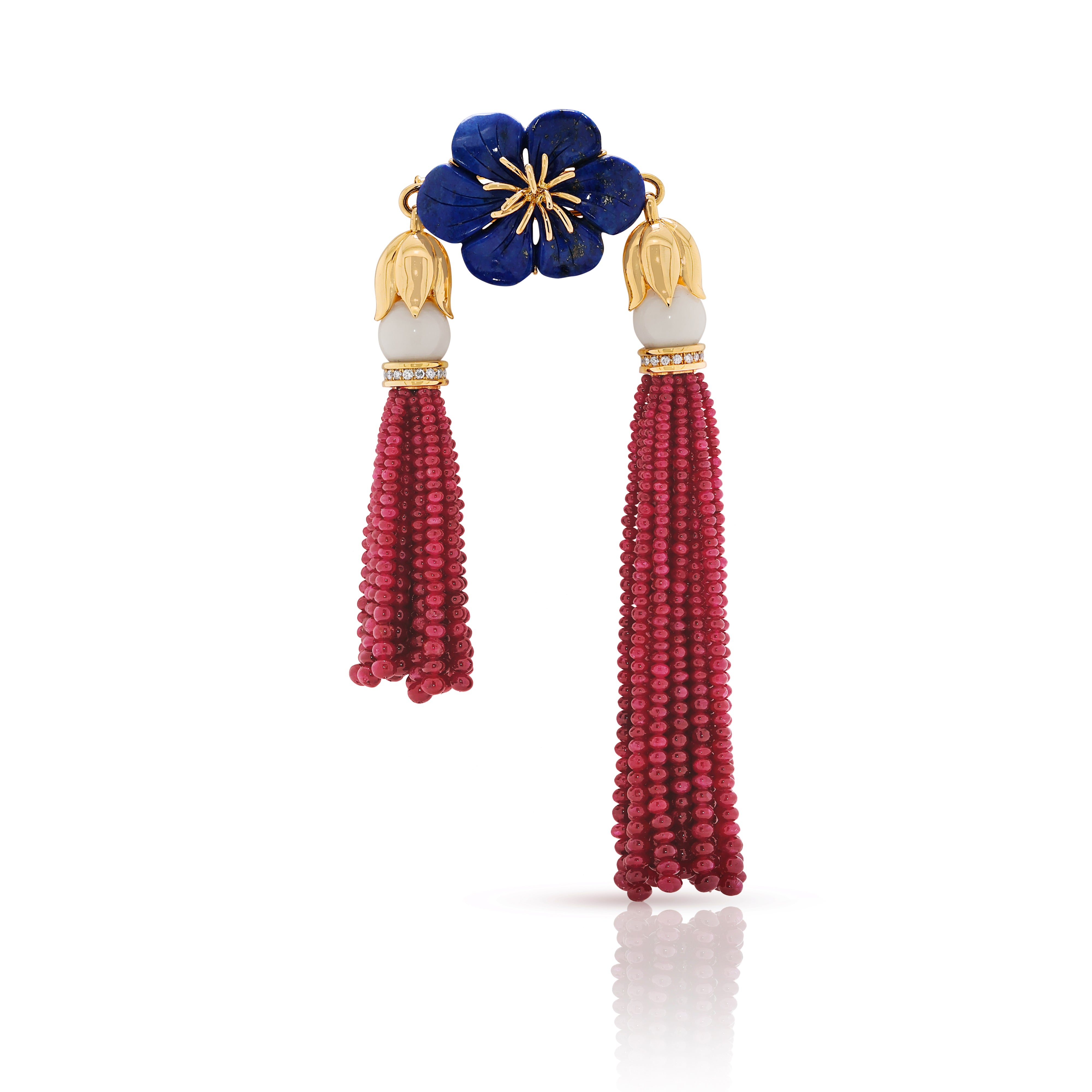 Magnificent 0.72ct Natural Diamond, Lapis & Ruby Bead Brooch in 18K Yellow Gold