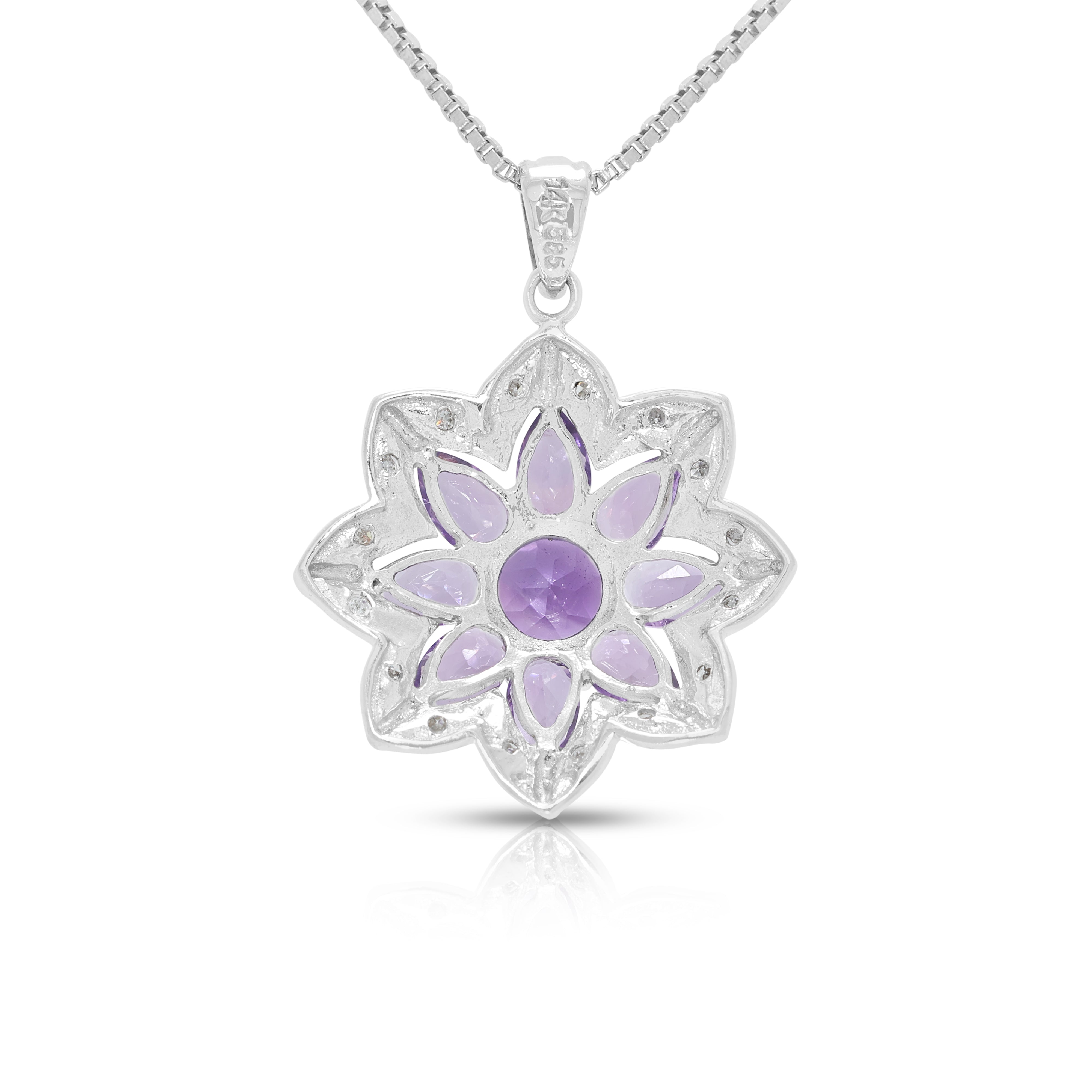 Enchanting 1.16ct Amethyst and 0.05ct Natural Diamond Floral Blossom Pendant Necklace in 14K White Gold