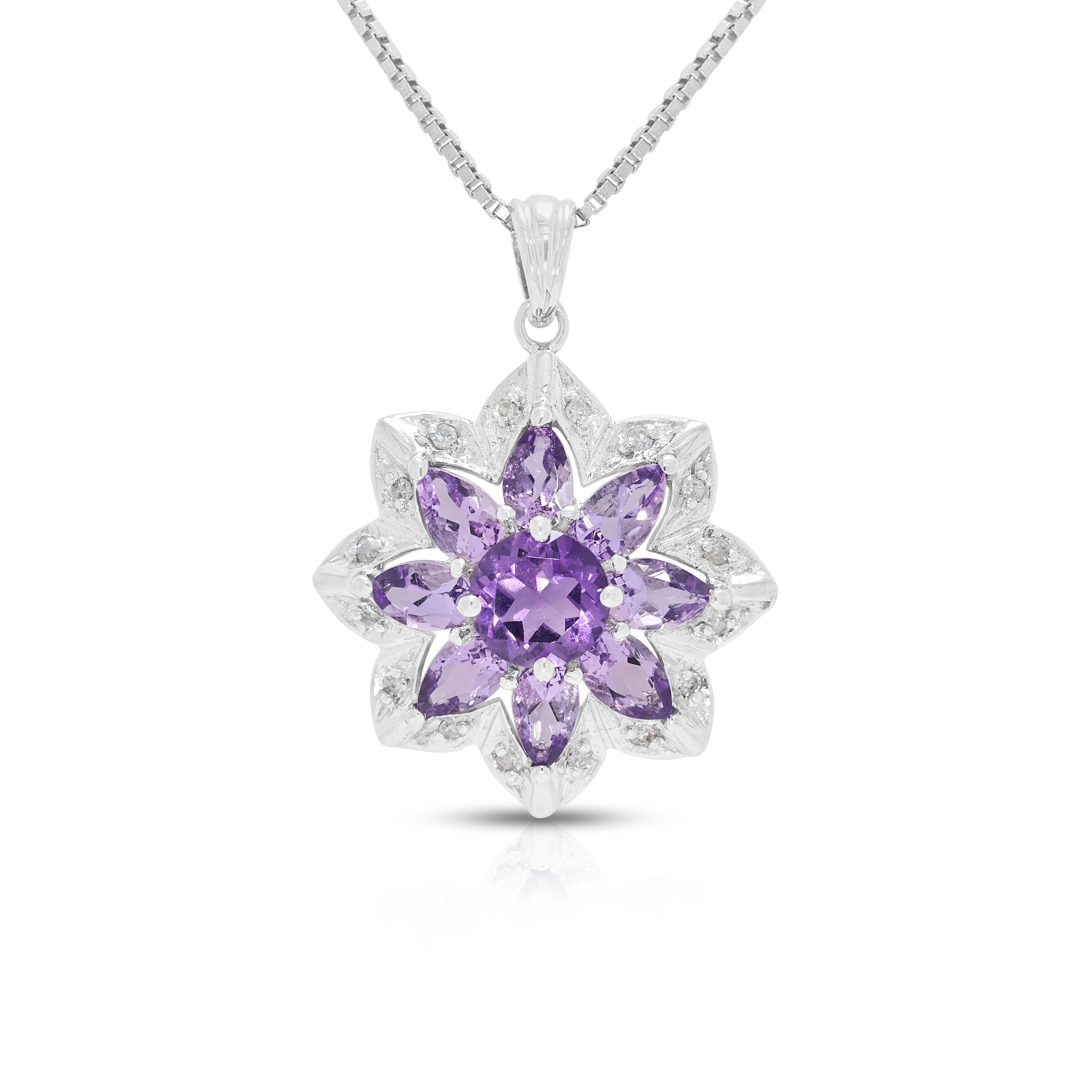 Enchanting 1.16ct Amethyst and 0.05ct Natural Diamond Floral Blossom Pendant Necklace in 14K White Gold