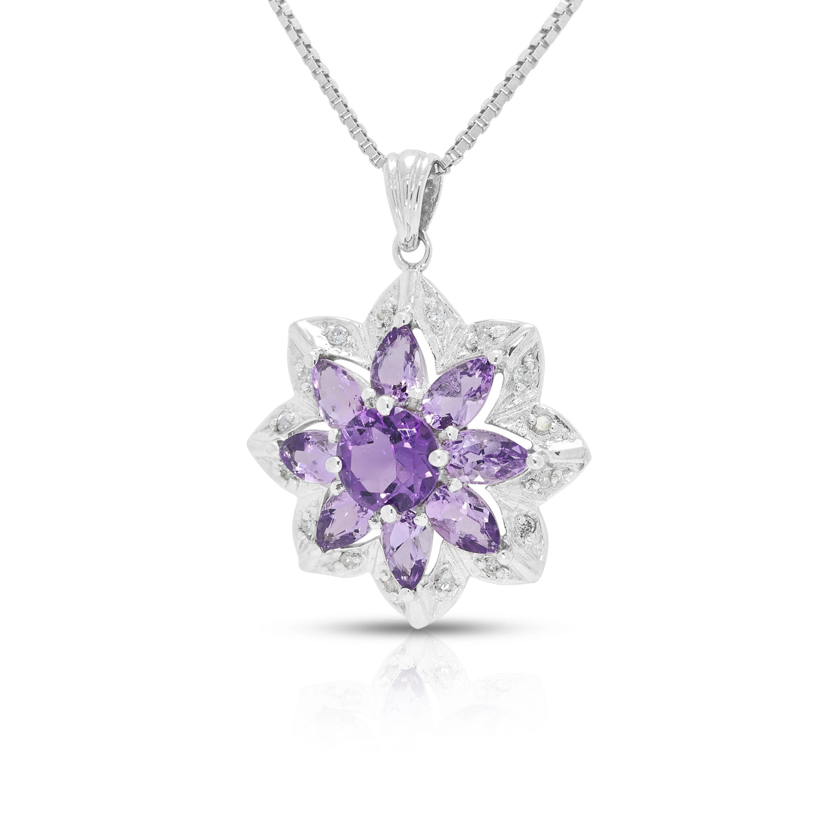 Enchanting 1.16ct Amethyst and 0.05ct Natural Diamond Floral Blossom Pendant Necklace in 14K White Gold