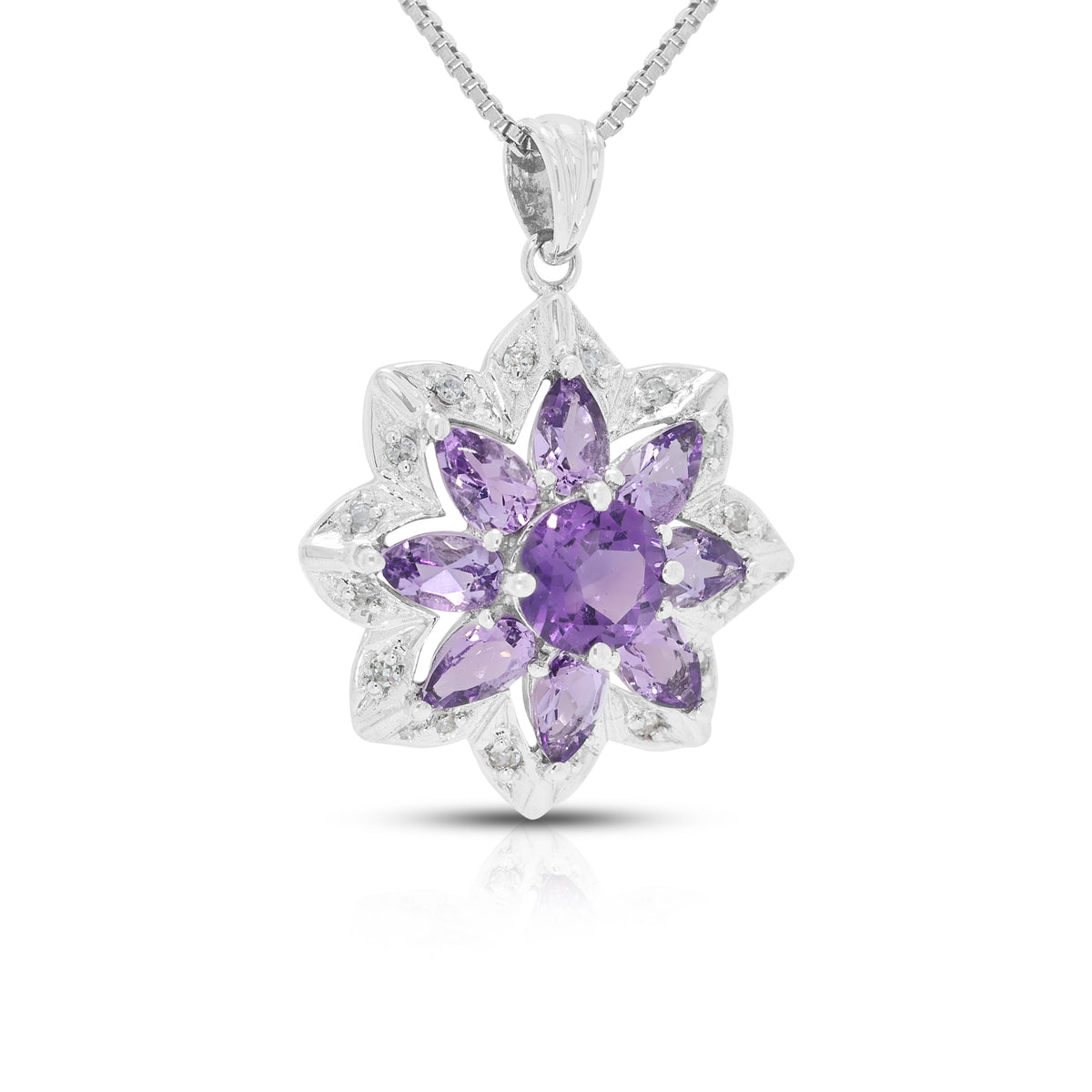 Enchanting 1.16ct Amethyst and 0.05ct Natural Diamond Floral Blossom Pendant Necklace in 14K White Gold