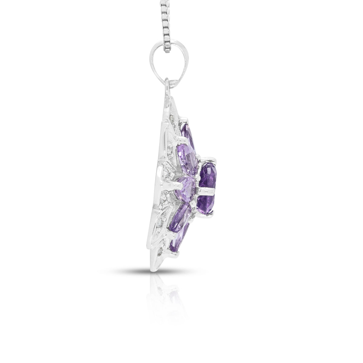 Enchanting 1.16ct Amethyst and 0.05ct Natural Diamond Floral Blossom Pendant Necklace in 14K White Gold