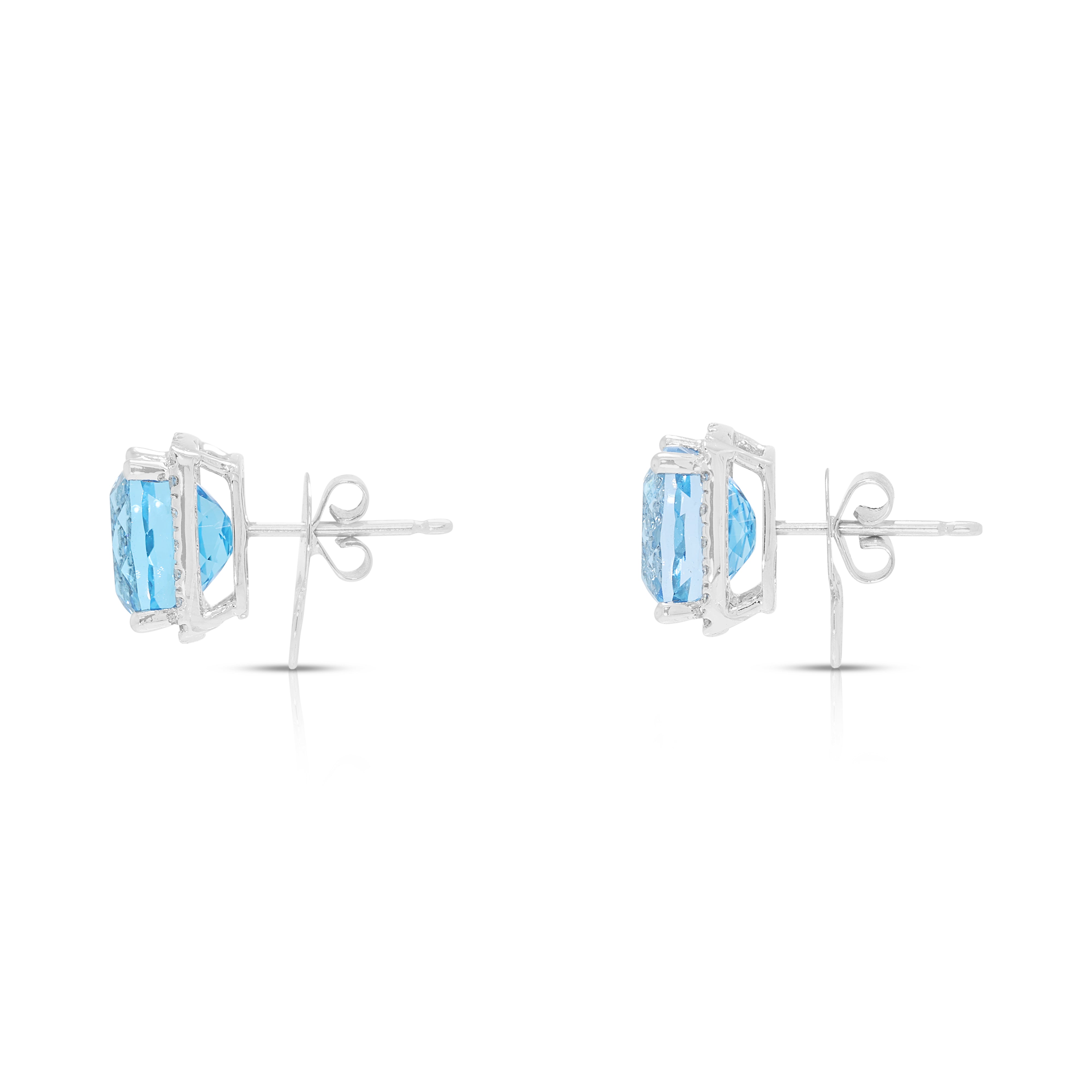 Luminous 10.00ct Swiss Blue Topaz and 0.40ct Natural Diamond Halo Stud Earrings in 18K White Gold