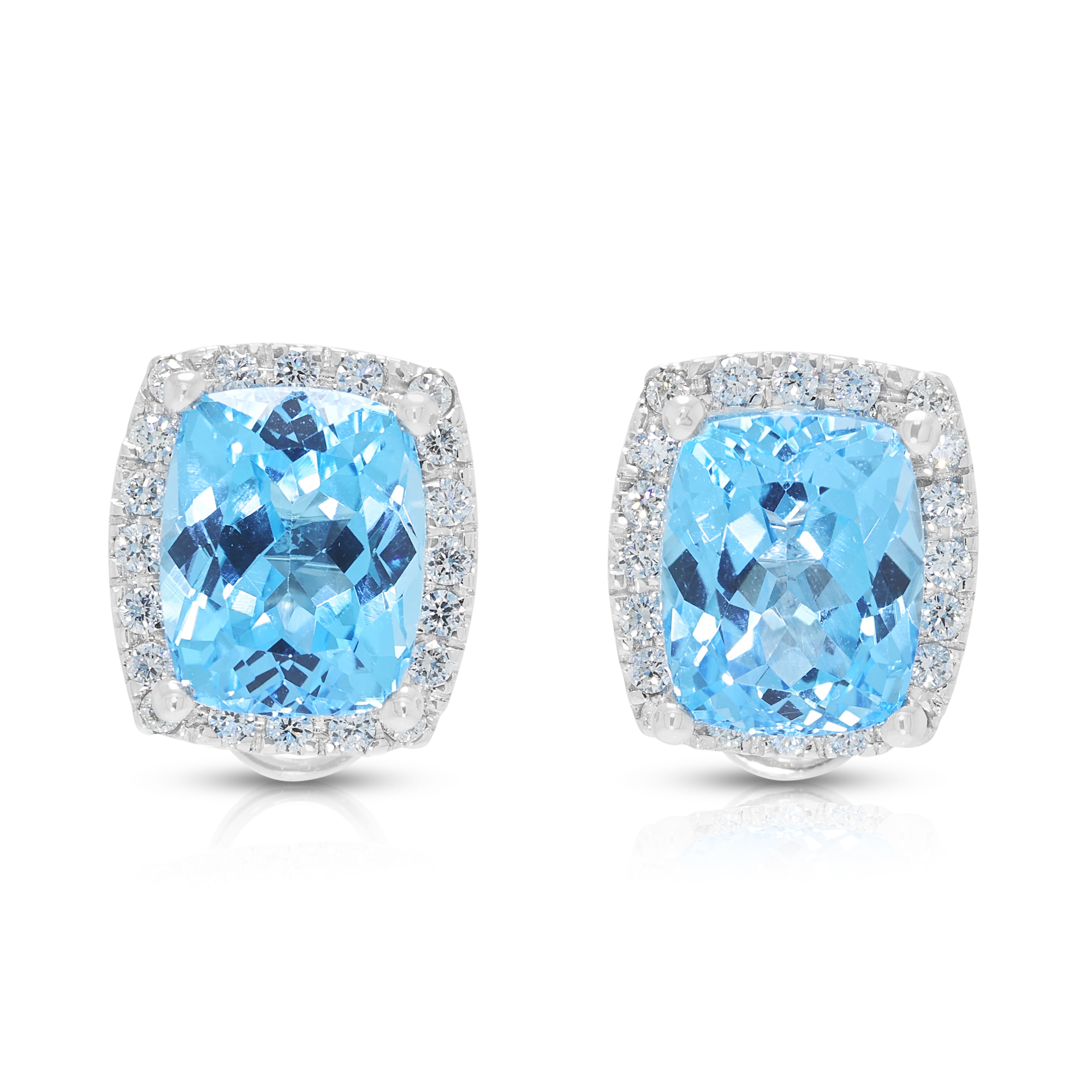 Luminous 10.00ct Swiss Blue Topaz and 0.40ct Natural Diamond Halo Stud Earrings in 18K White Gold