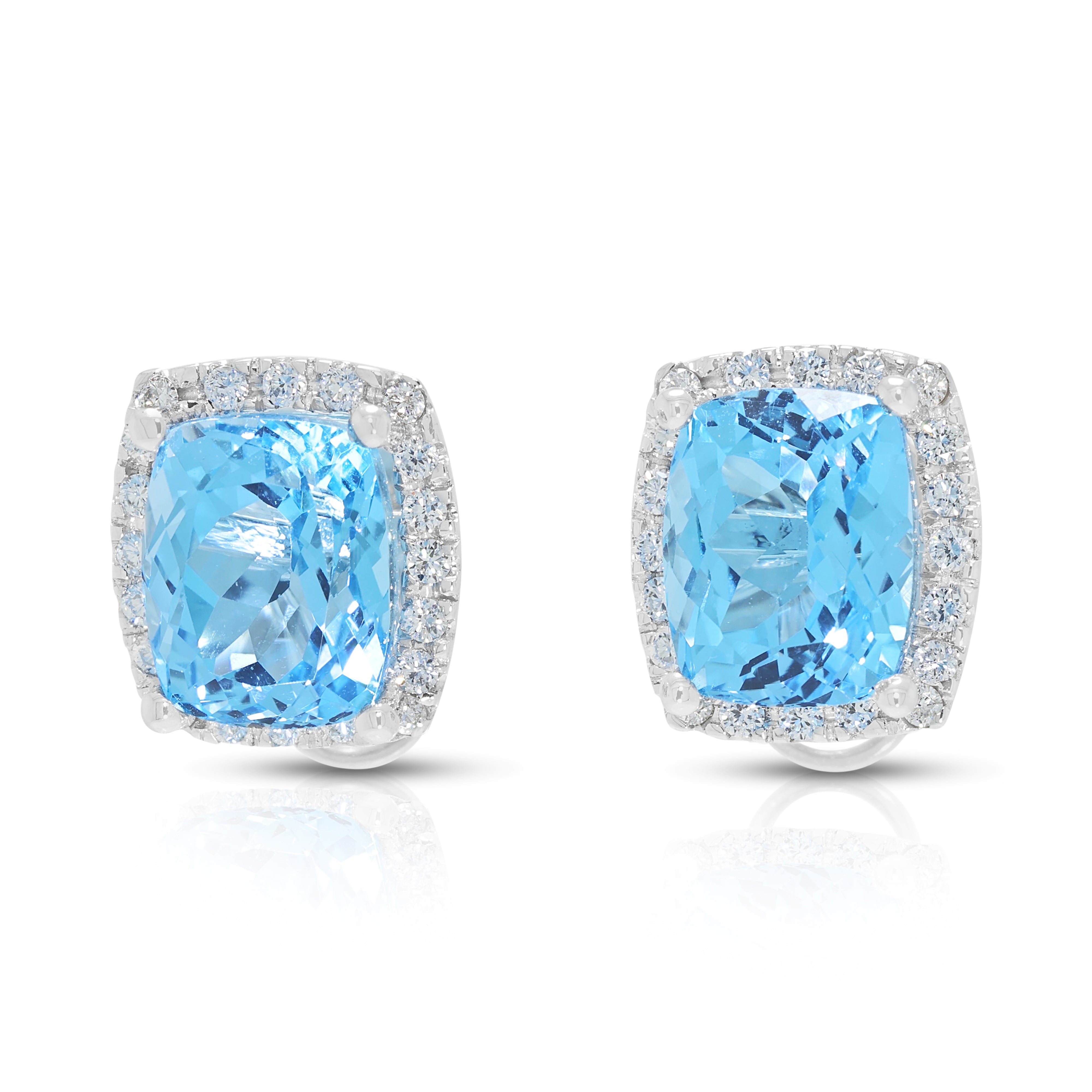 Luminous 10.00ct Swiss Blue Topaz and 0.40ct Natural Diamond Halo Stud Earrings in 18K White Gold