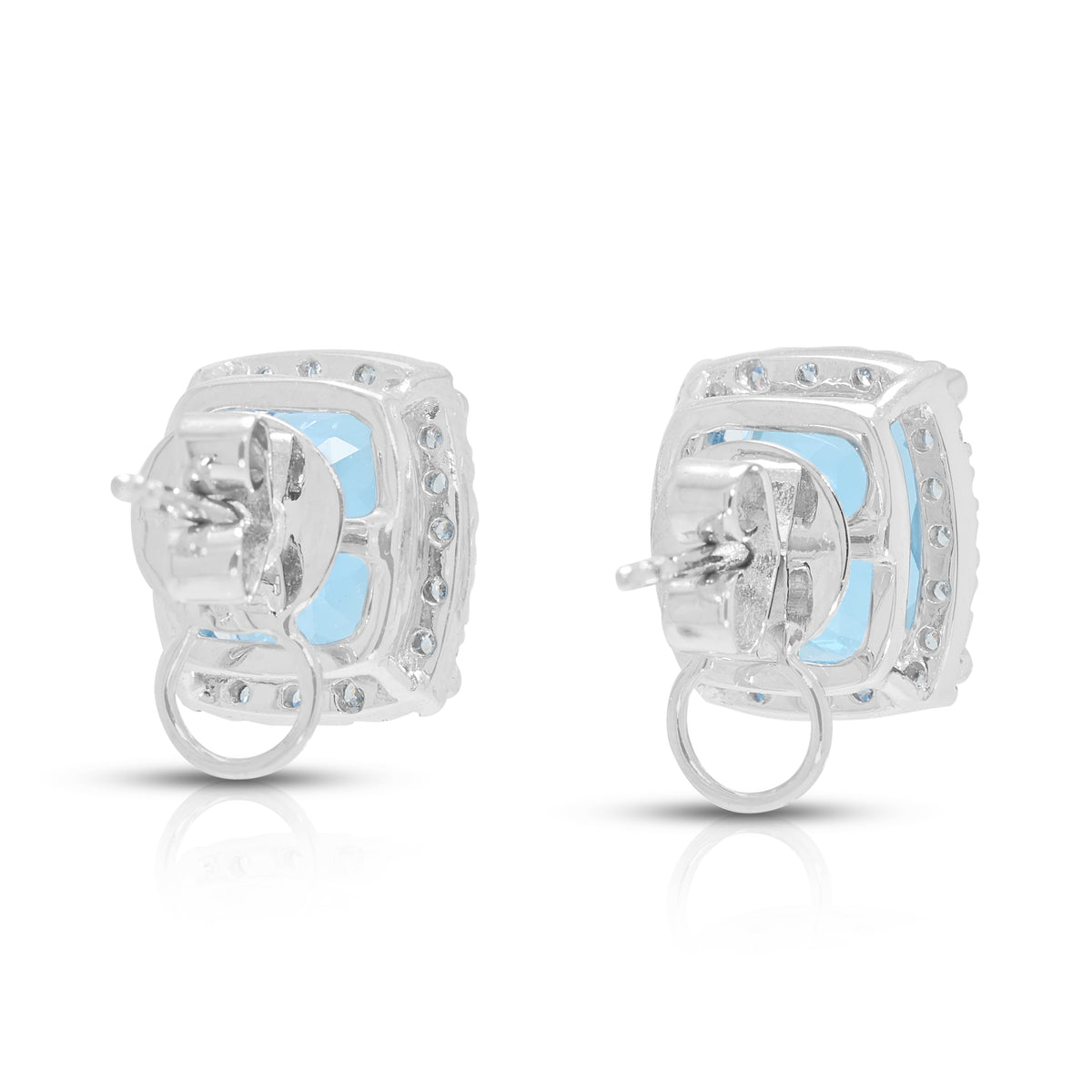 Luminous 10.00ct Swiss Blue Topaz and 0.40ct Natural Diamond Halo Stud Earrings in 18K White Gold
