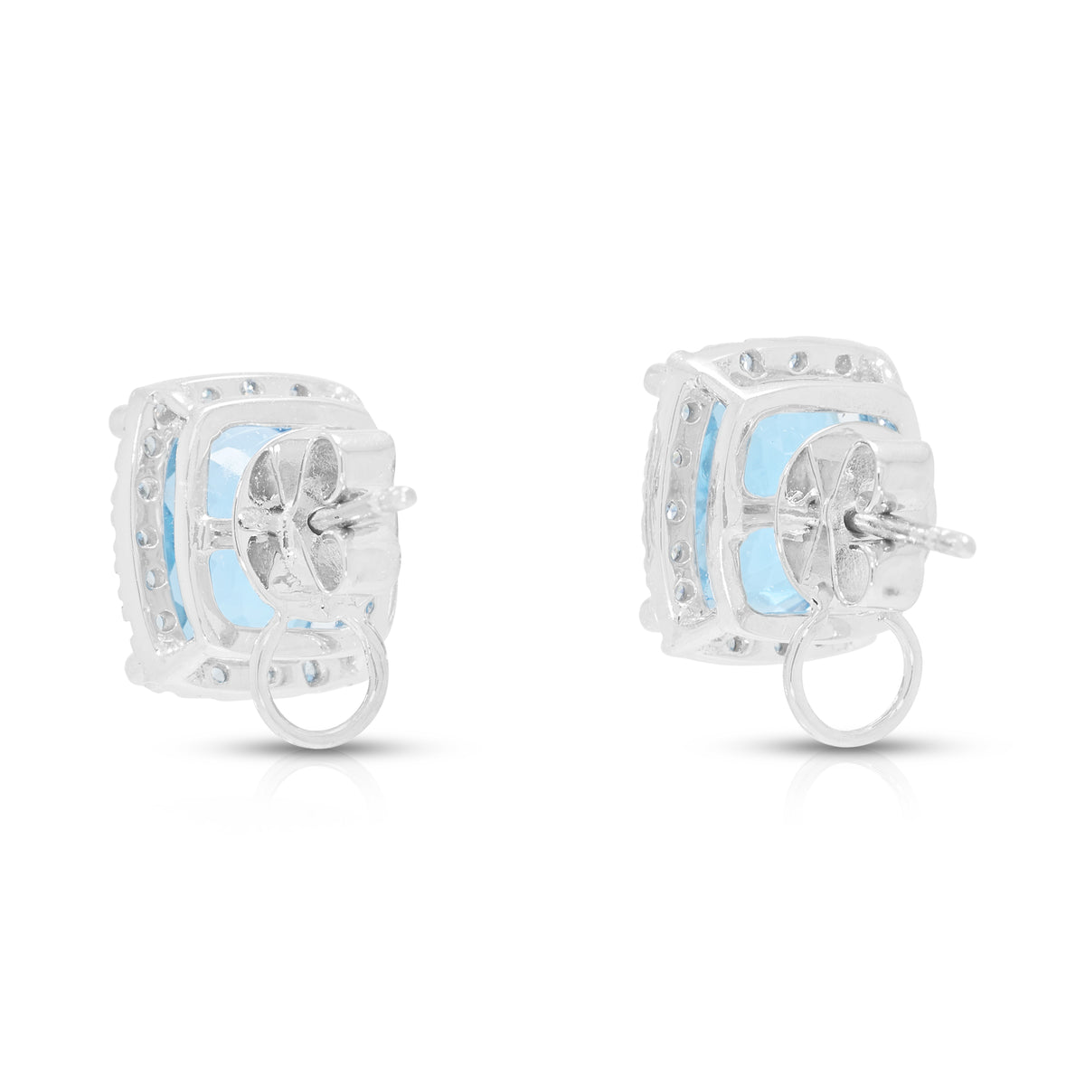 Luminous 10.00ct Swiss Blue Topaz and 0.40ct Natural Diamond Halo Stud Earrings in 18K White Gold