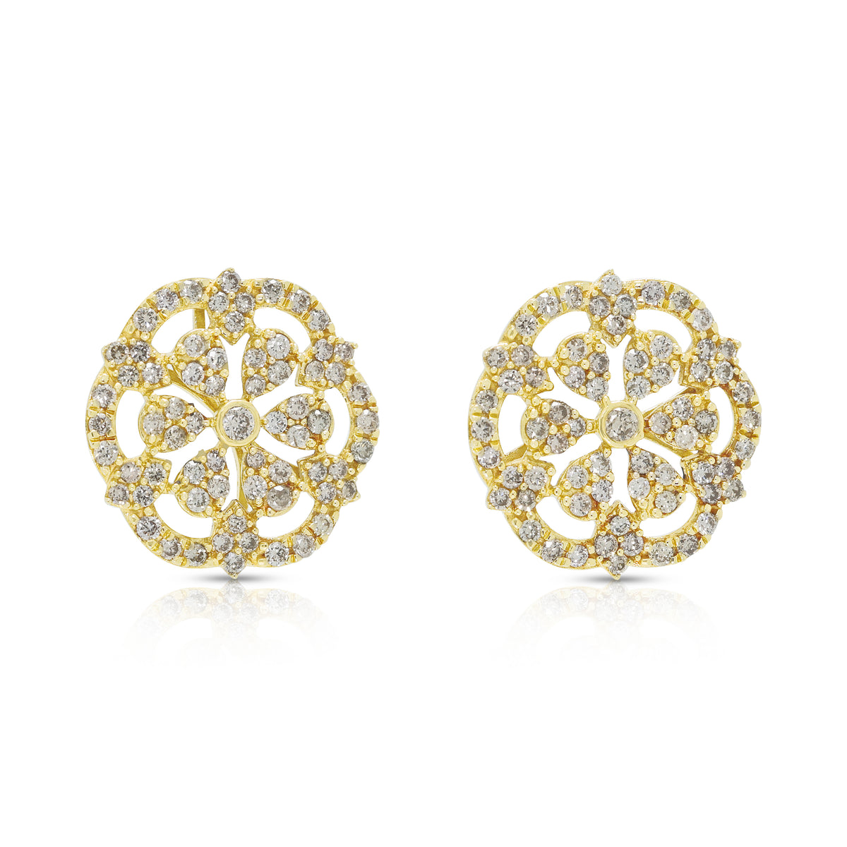Ornate 0.50ct Natural Diamond Filigree Rosette Stud Earrings in 18K Yellow Gold