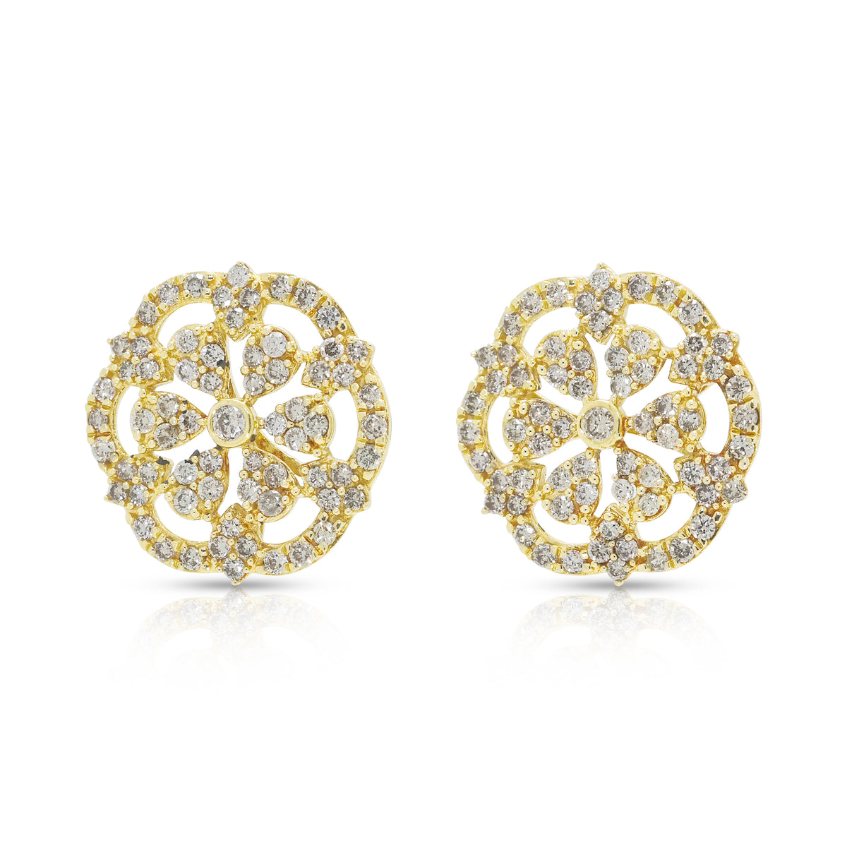 Ornate 0.50ct Natural Diamond Filigree Rosette Stud Earrings in 18K Yellow Gold