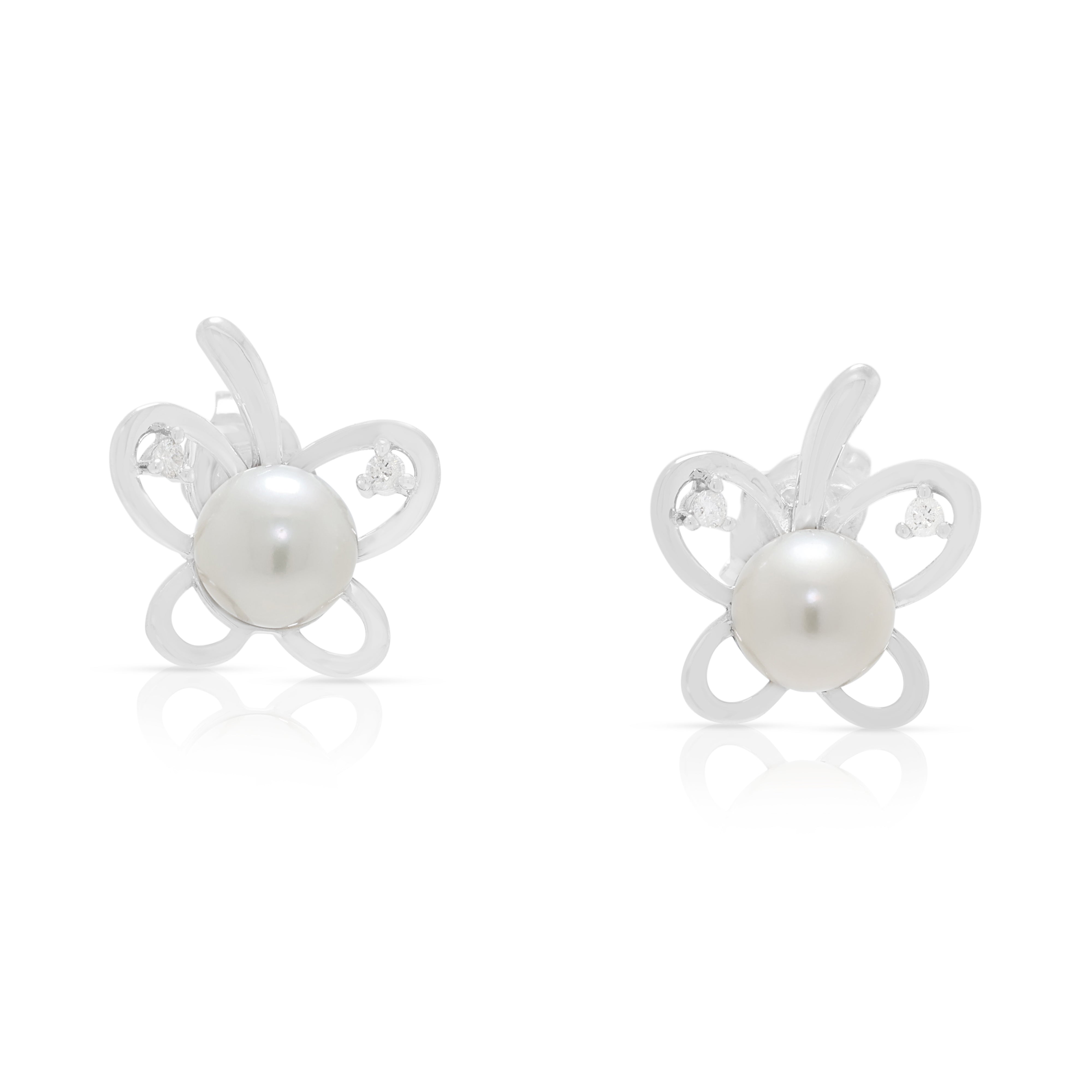 Charming Pearl and 0.04ct Natural Diamond Butterfly Stud Earrings in 9K White Gold
