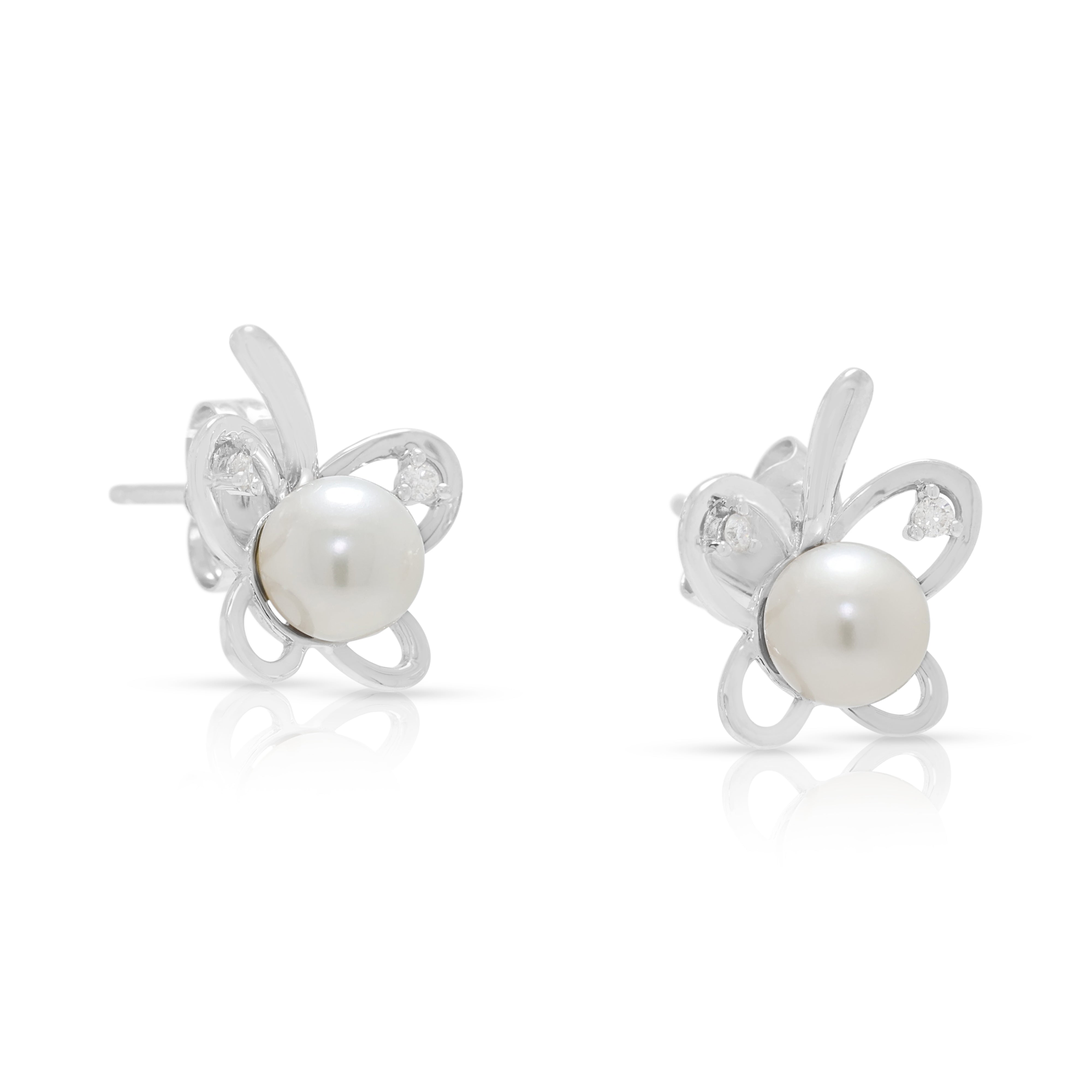 Charming Pearl and 0.04ct Natural Diamond Butterfly Stud Earrings in 9K White Gold