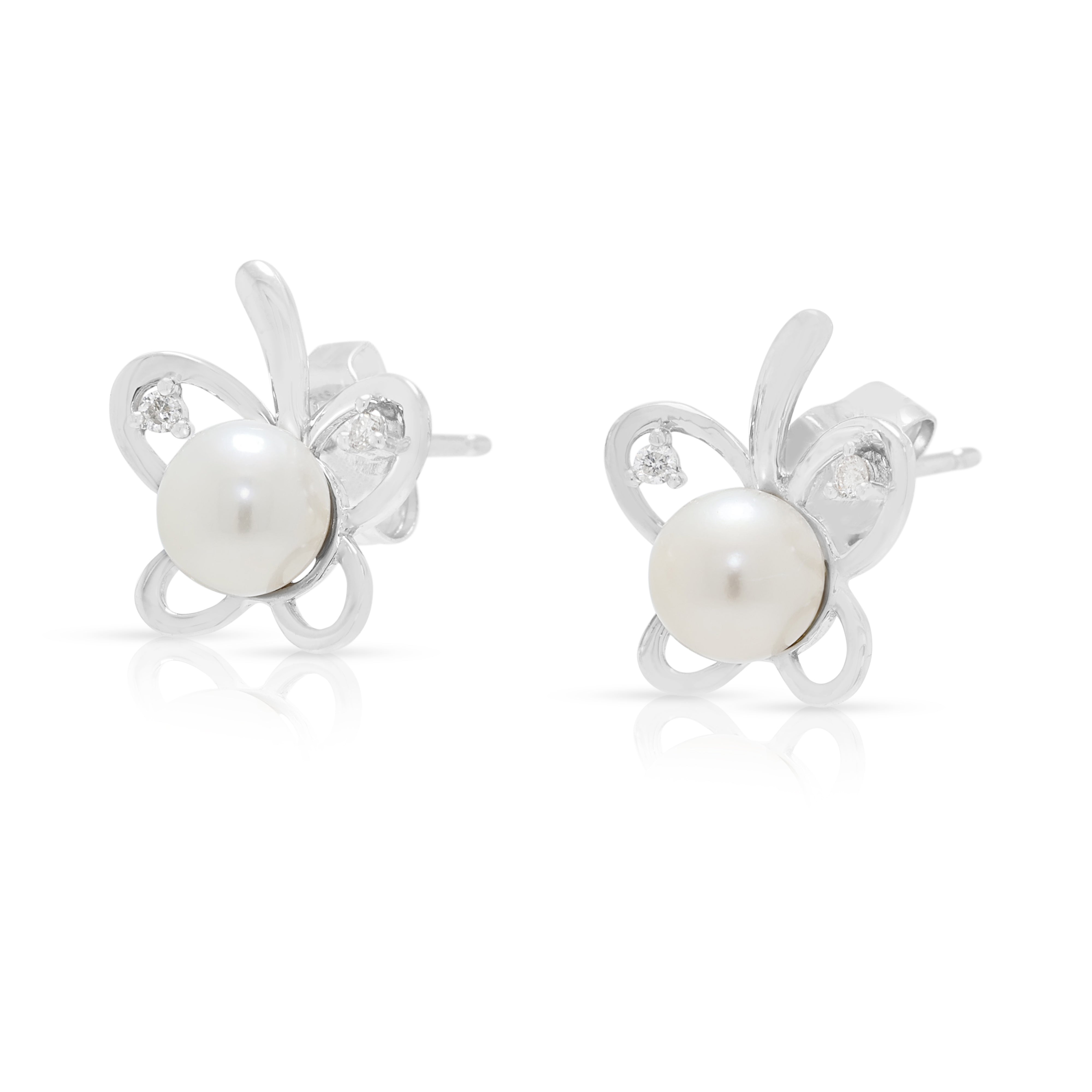 Charming Pearl and 0.04ct Natural Diamond Butterfly Stud Earrings in 9K White Gold