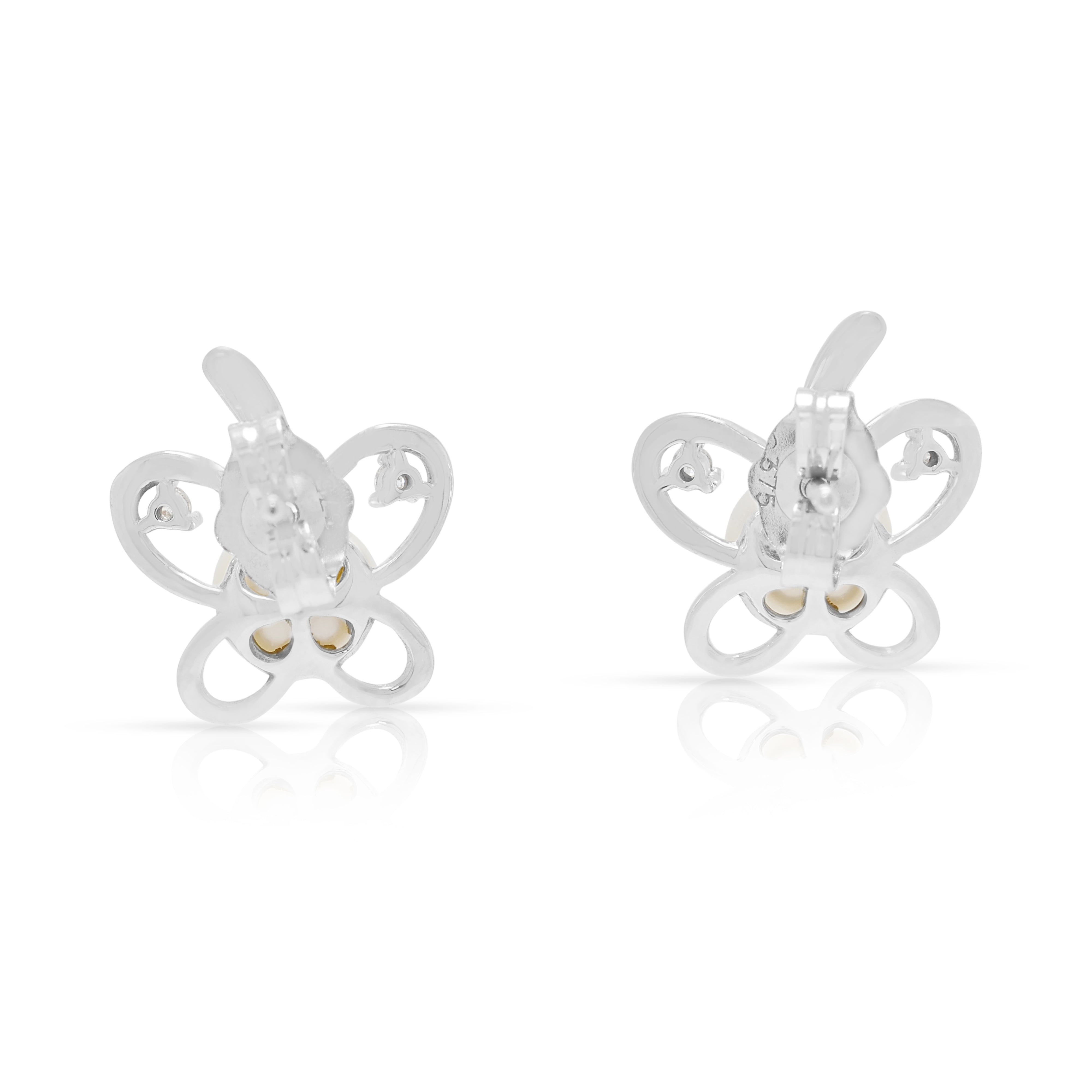 Charming Pearl and 0.04ct Natural Diamond Butterfly Stud Earrings in 9K White Gold