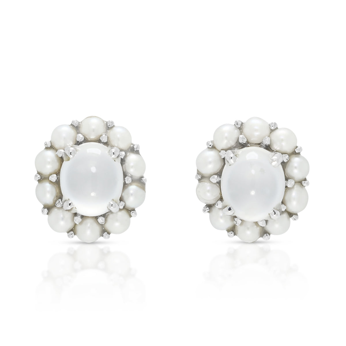 Ethereal 1.00ct Moonstone and Pearl Halo Stud Earrings in 18K White Gold