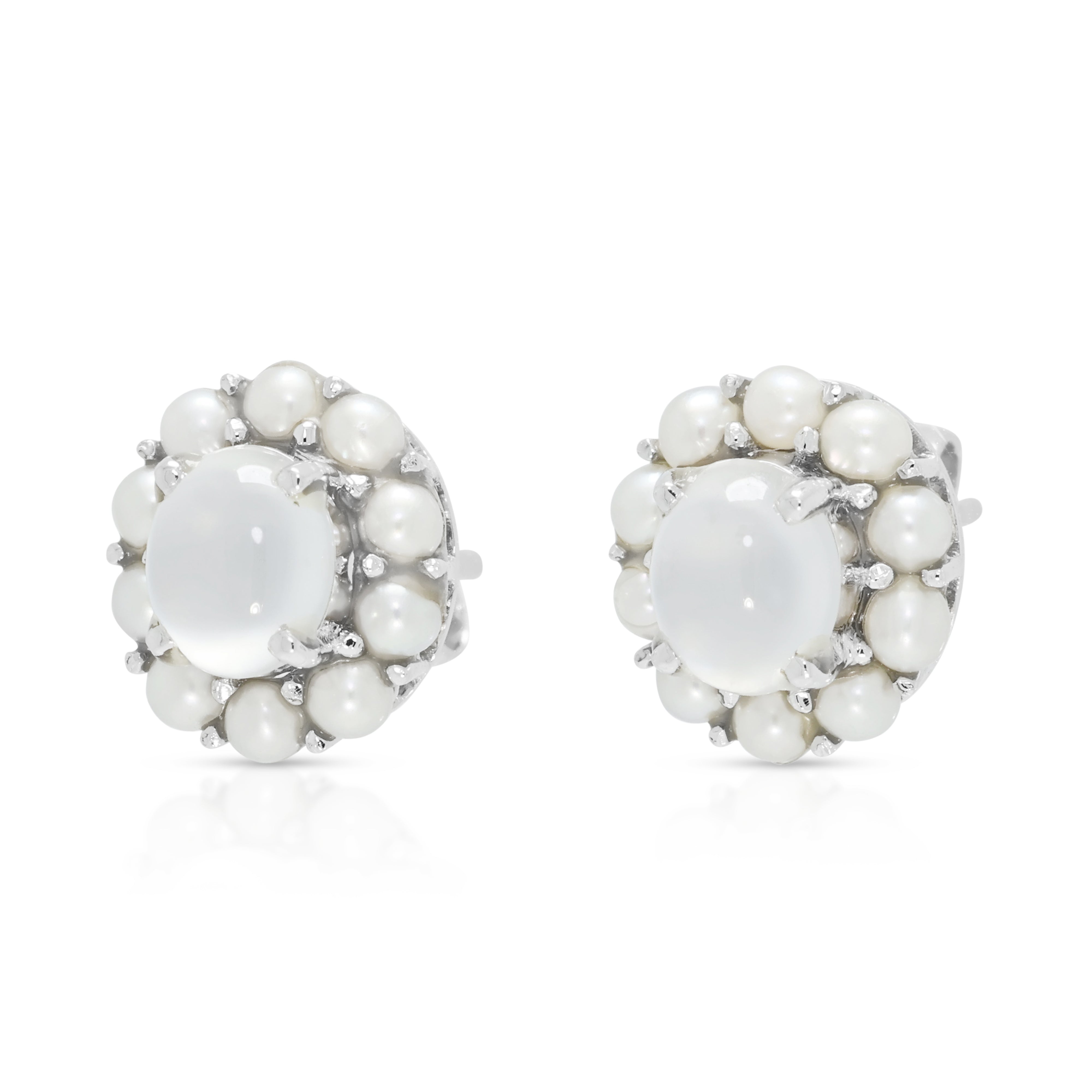 Ethereal 1.00ct Moonstone and Pearl Halo Stud Earrings in 18K White Gold