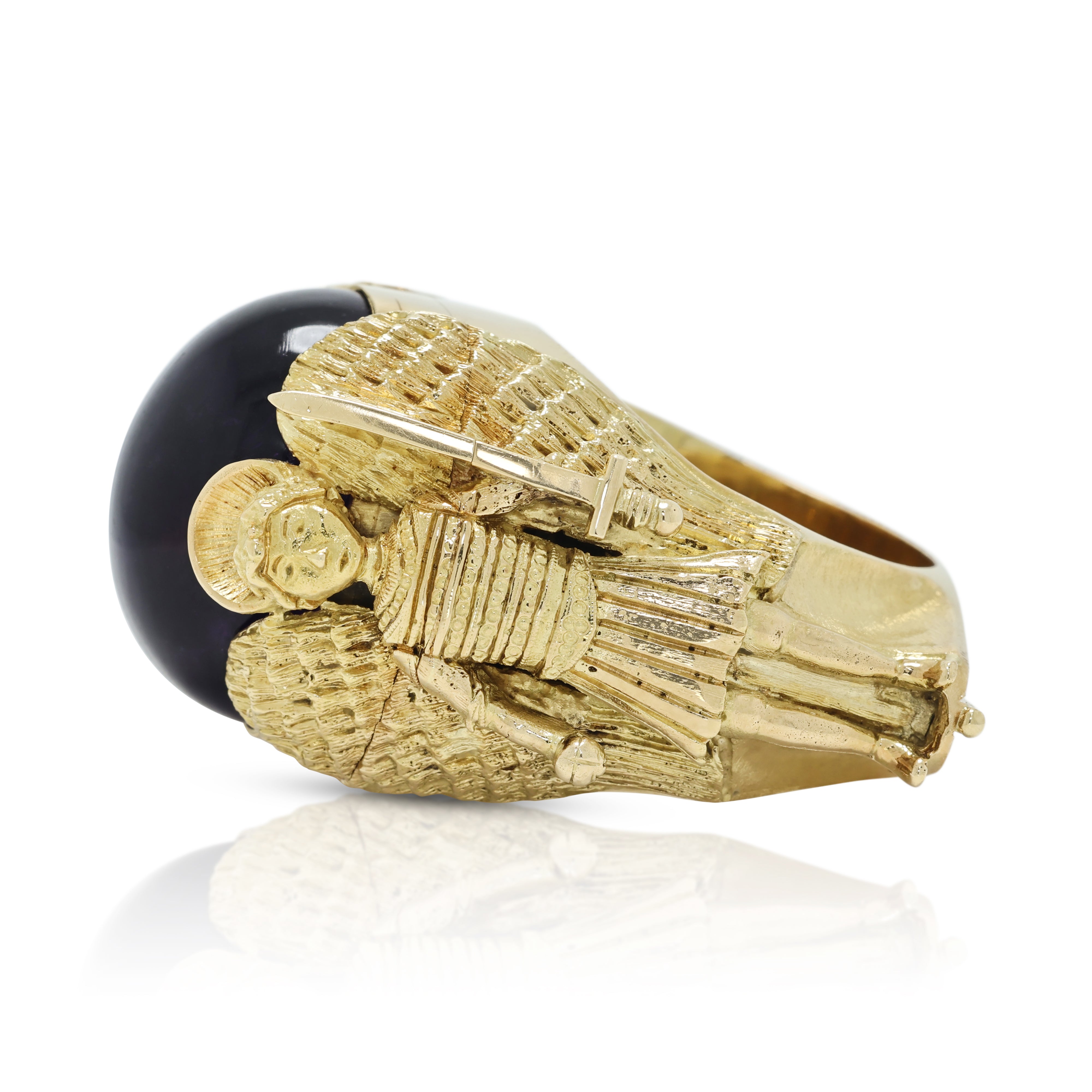 Sovereign 45.00ct Amethyst Cabochon Archangel Secret Compartment Ring in 18K Yellow Gold