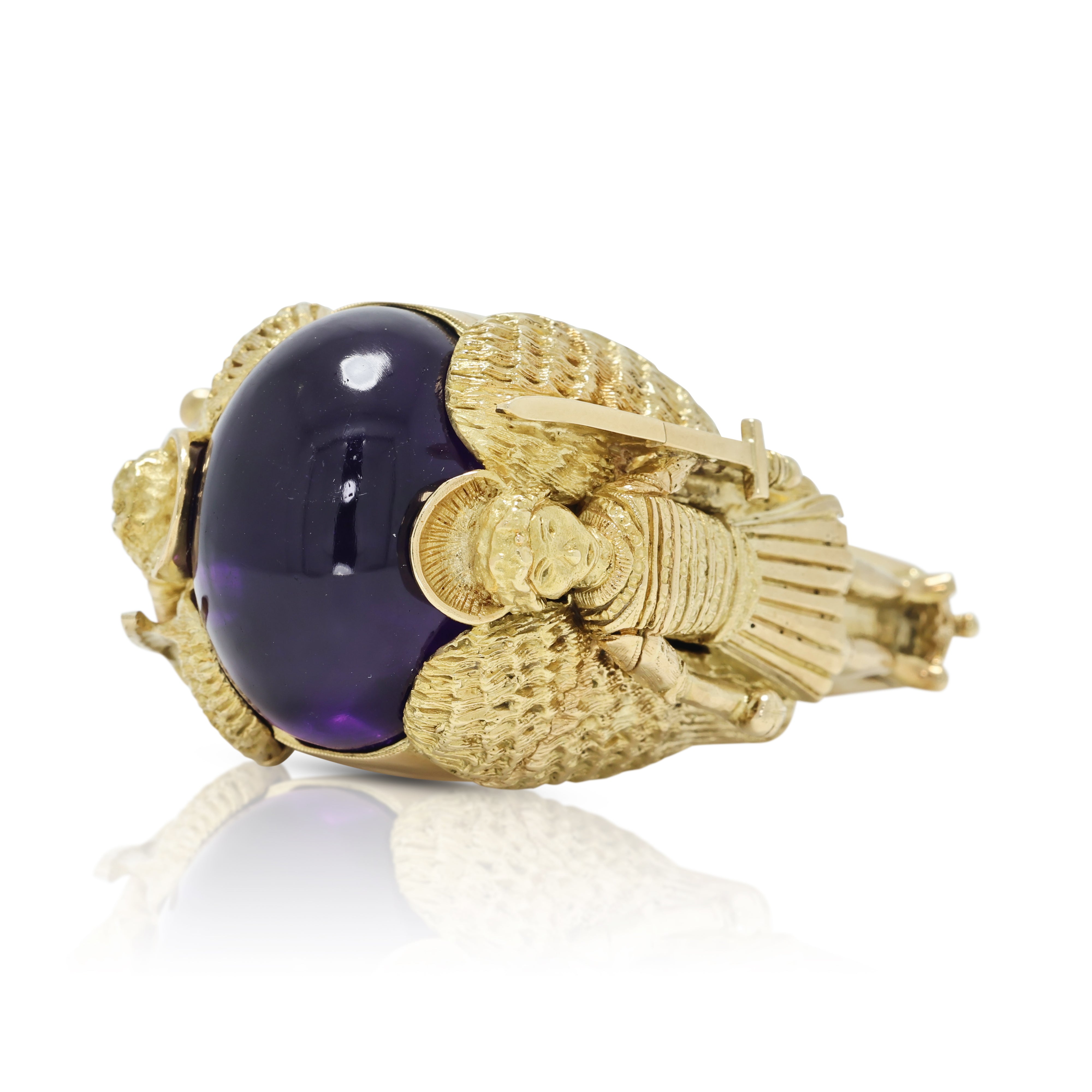 Sovereign 45.00ct Amethyst Cabochon Archangel Secret Compartment Ring in 18K Yellow Gold