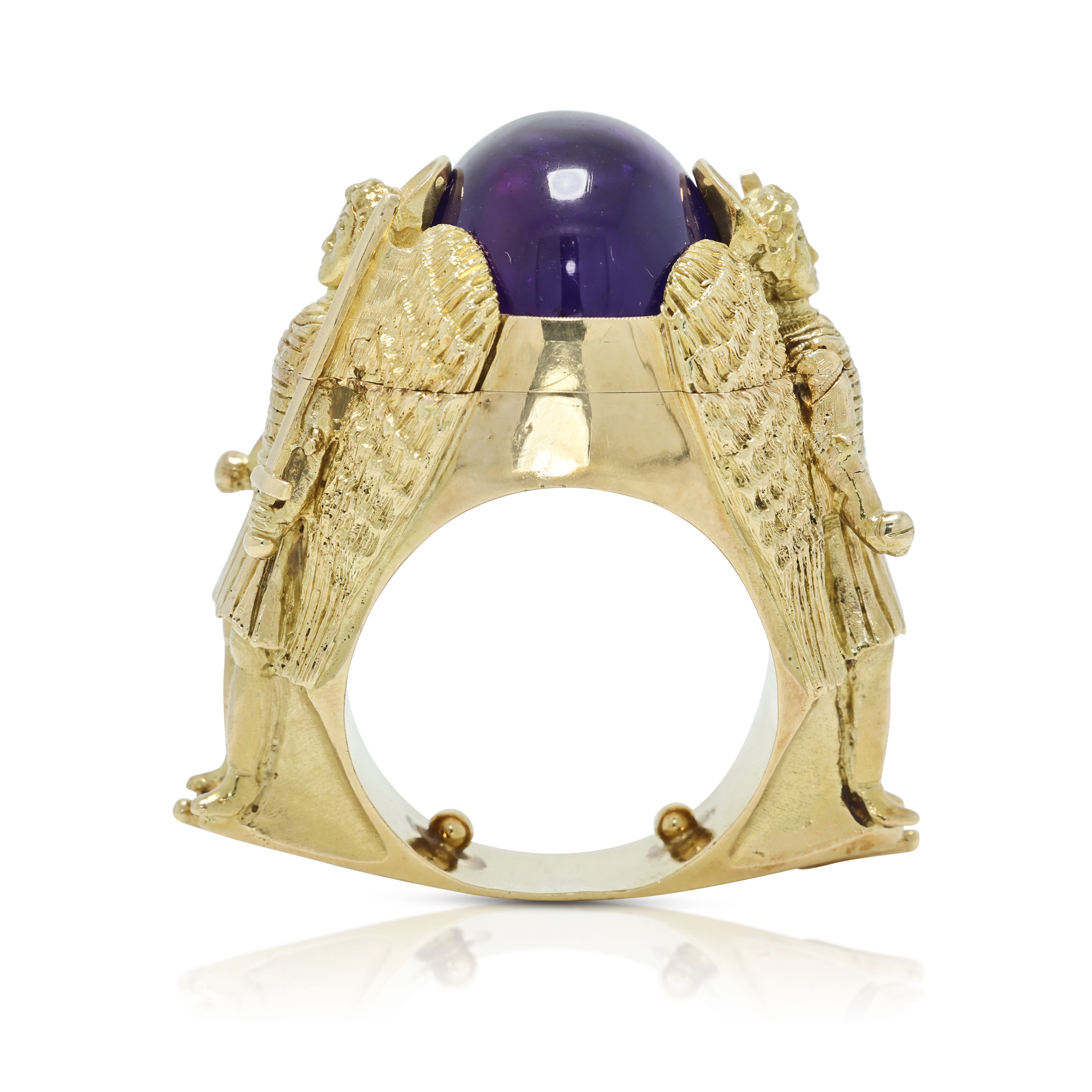 Sovereign 45.00ct Amethyst Cabochon Archangel Secret Compartment Ring in 18K Yellow Gold