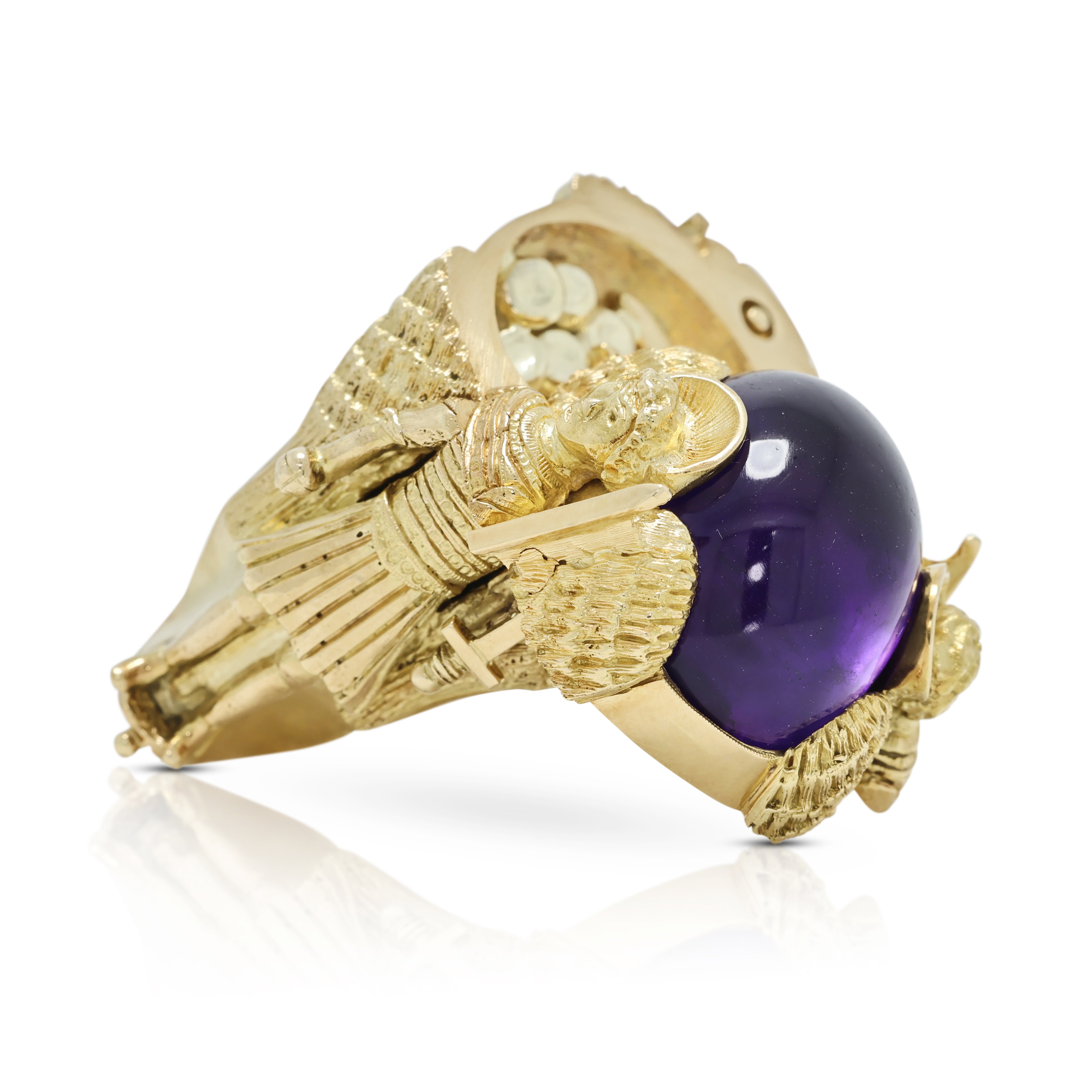 Sovereign 45.00ct Amethyst Cabochon Archangel Secret Compartment Ring in 18K Yellow Gold
