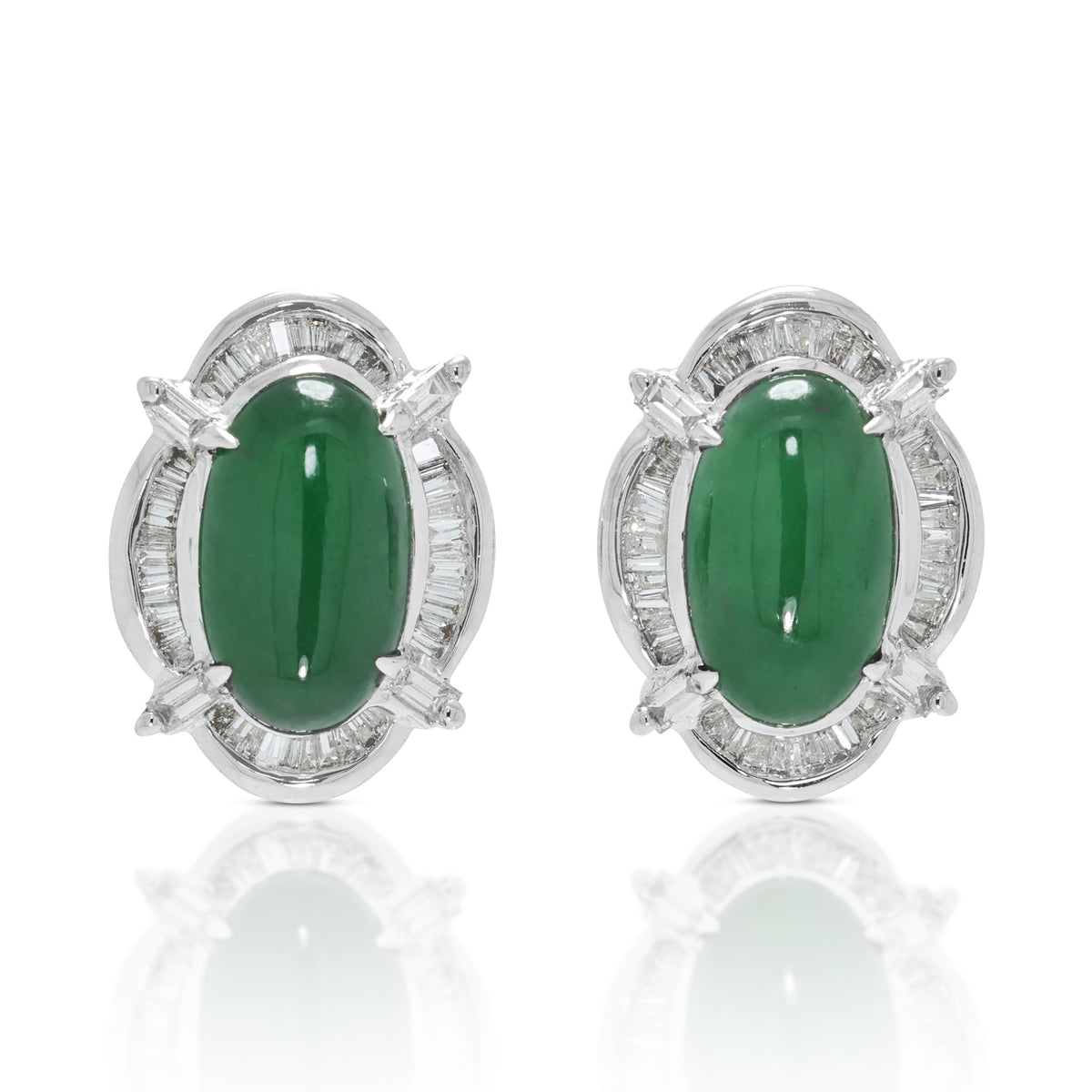 Verdant Natural Type-A Jadeite Jade and 0.44ct Natural Diamond Sunburst Halo Stud Earrings in 18K White Gold with NGI Certificate