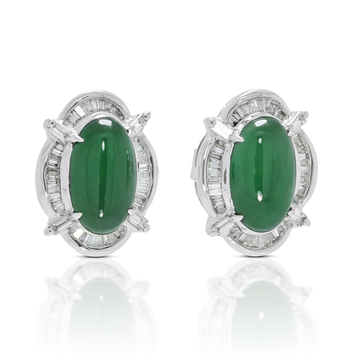 Verdant Natural Type-A Jadeite Jade and 0.44ct Natural Diamond Sunburst Halo Stud Earrings in 18K White Gold with NGI Certificate