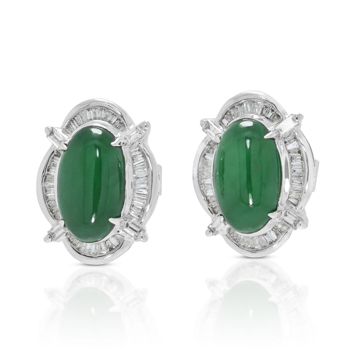 Verdant Natural Type-A Jadeite Jade and 0.44ct Natural Diamond Sunburst Halo Stud Earrings in 18K White Gold with NGI Certificate