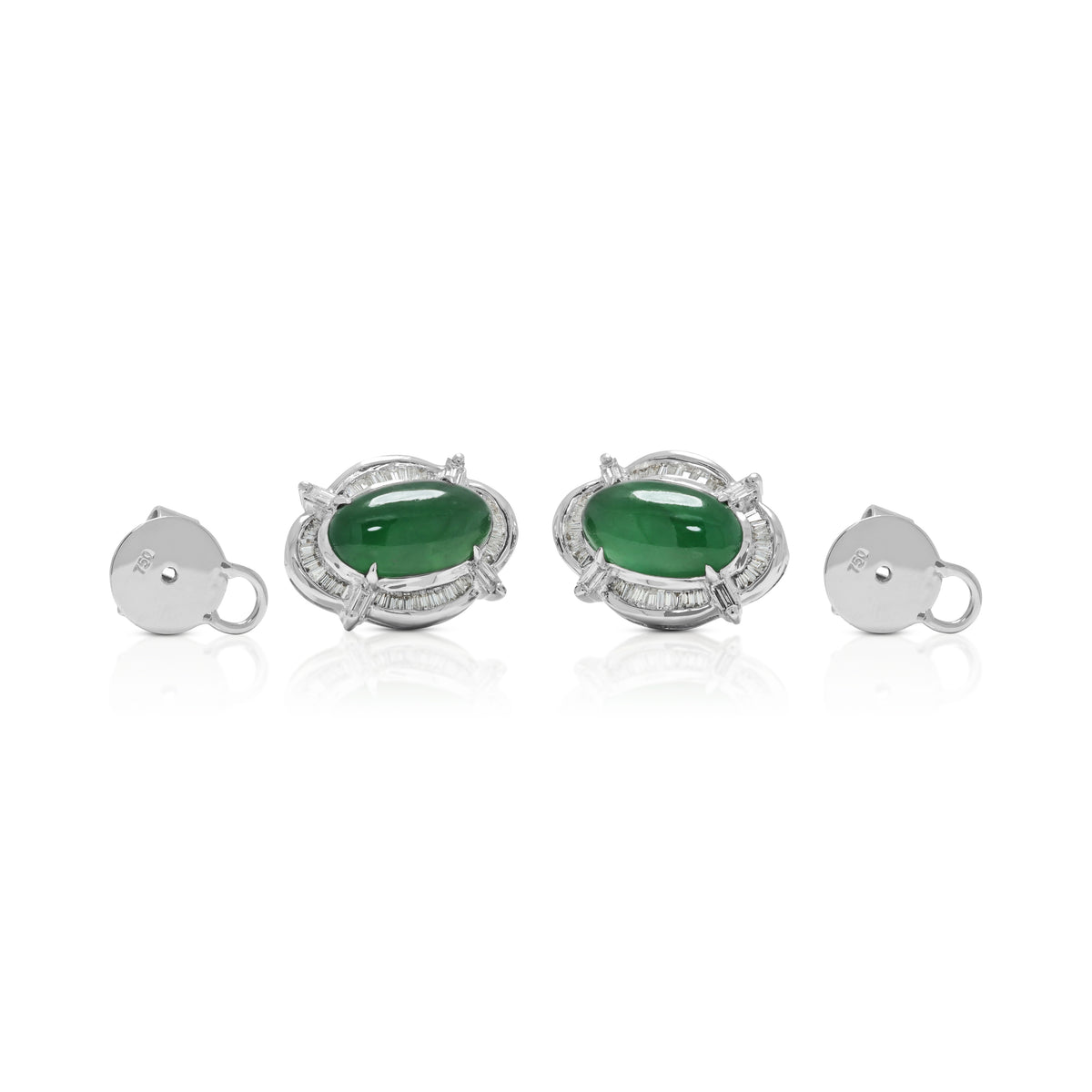 Verdant Natural Type-A Jadeite Jade and 0.44ct Natural Diamond Sunburst Halo Stud Earrings in 18K White Gold with NGI Certificate