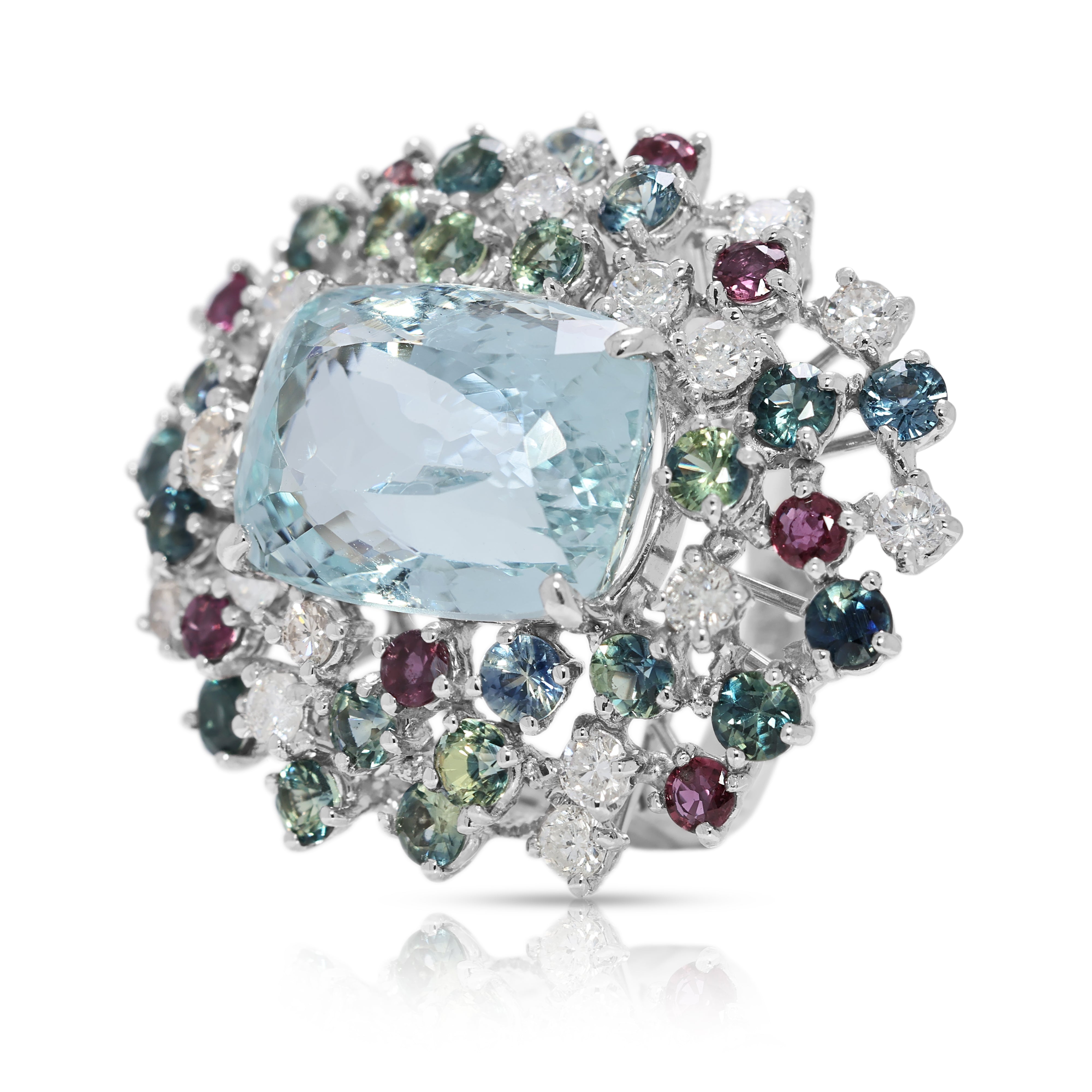 Vibrant 13.39ct Aquamarine, Natural Diamond, Sapphire & Ruby Cocktail Ring in 14K White Gold - UGL Certified