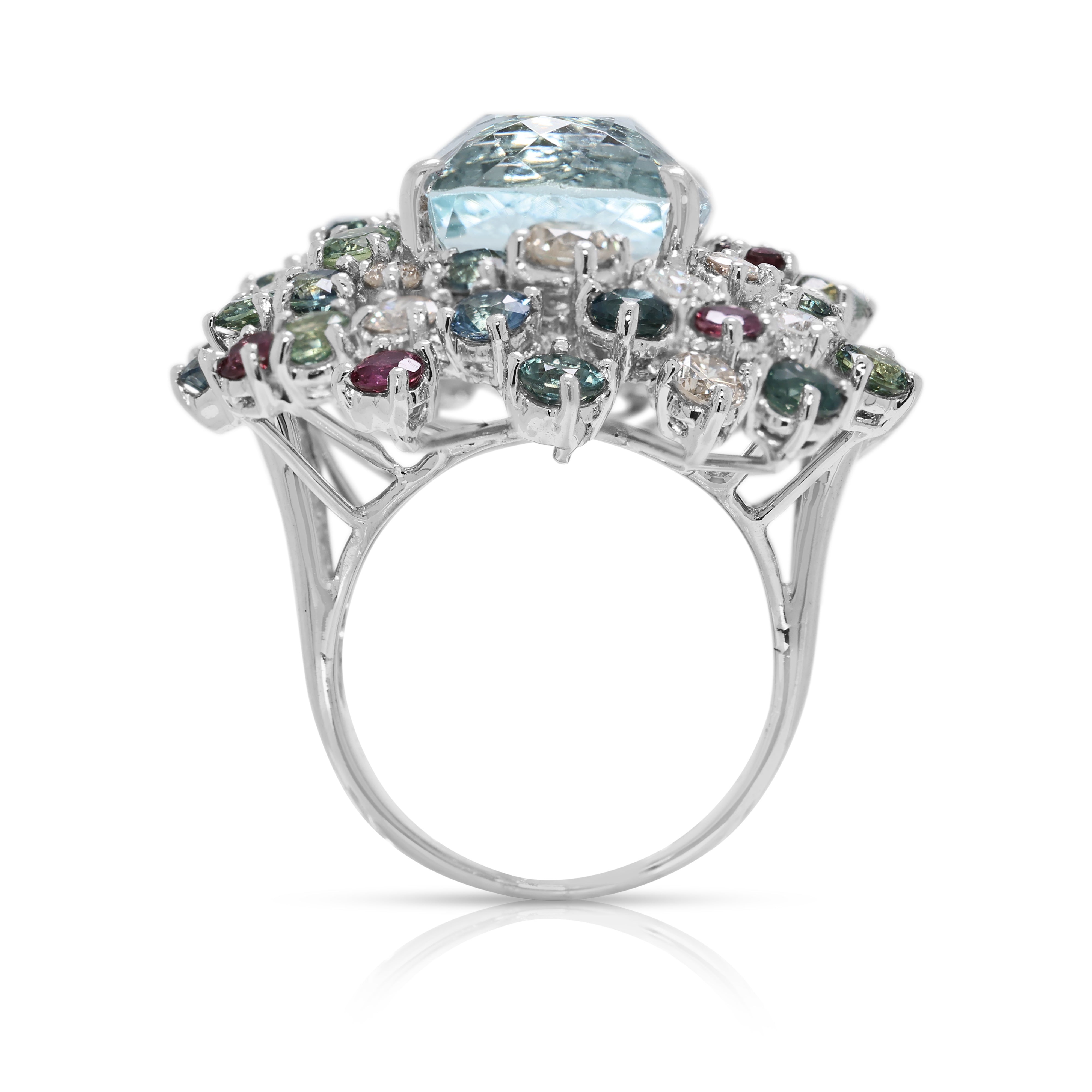 Vibrant 13.39ct Aquamarine, Natural Diamond, Sapphire & Ruby Cocktail Ring in 14K White Gold - UGL Certified