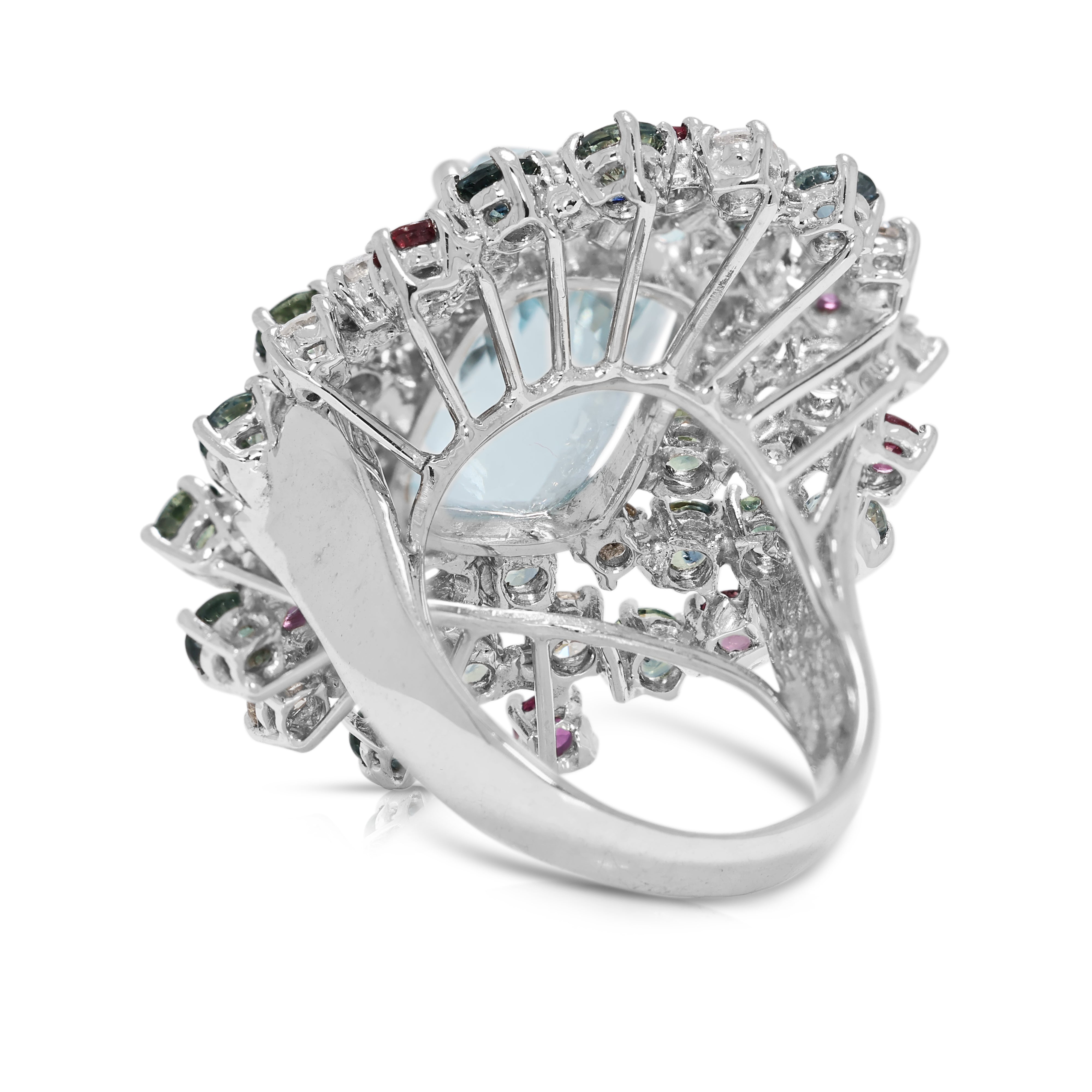 Vibrant 13.39ct Aquamarine, Natural Diamond, Sapphire & Ruby Cocktail Ring in 14K White Gold - UGL Certified
