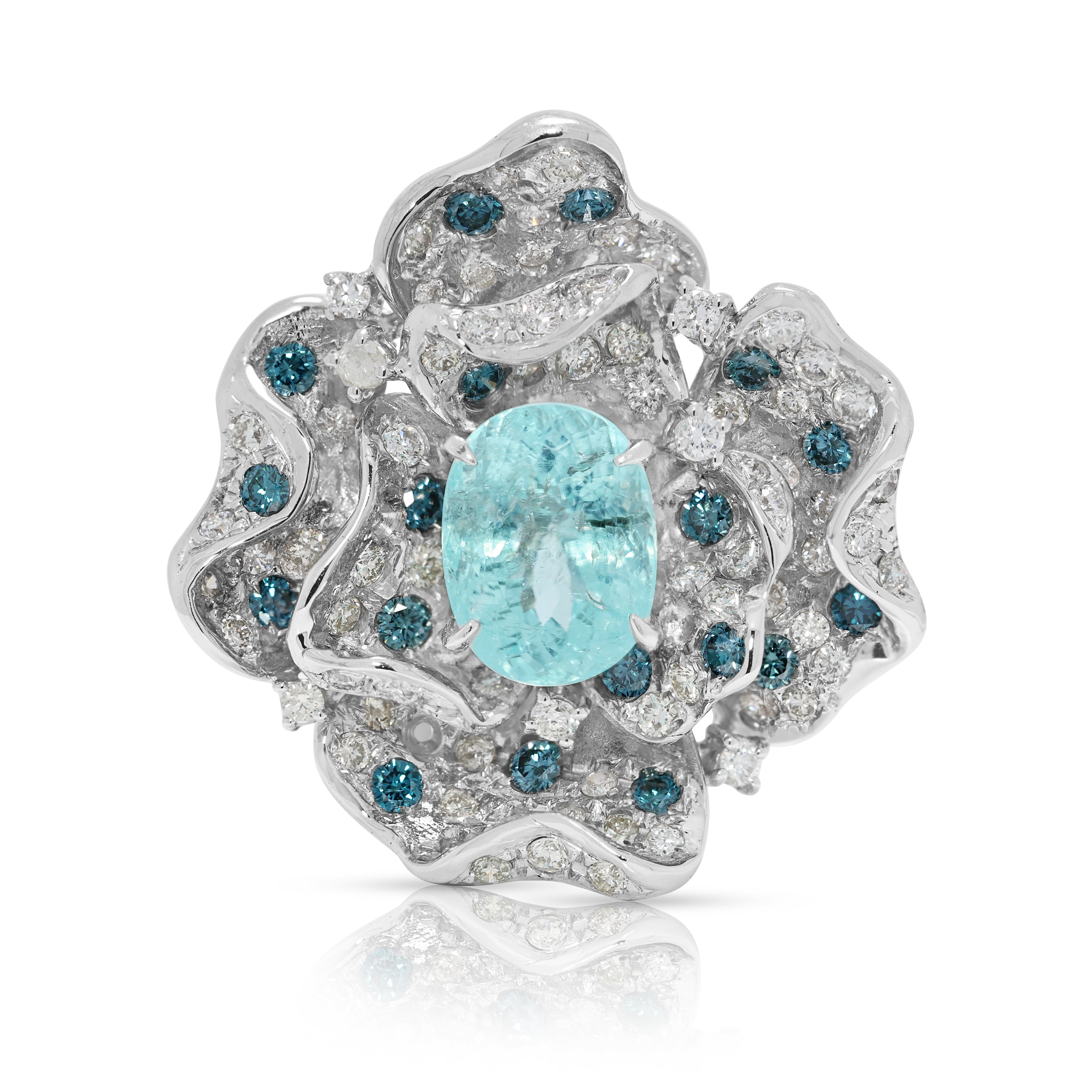Exquisite 5.93ct Paraiba Tourmaline & Natural Diamond Floral Cocktail Ring in 18K White Gold - GIA Certified