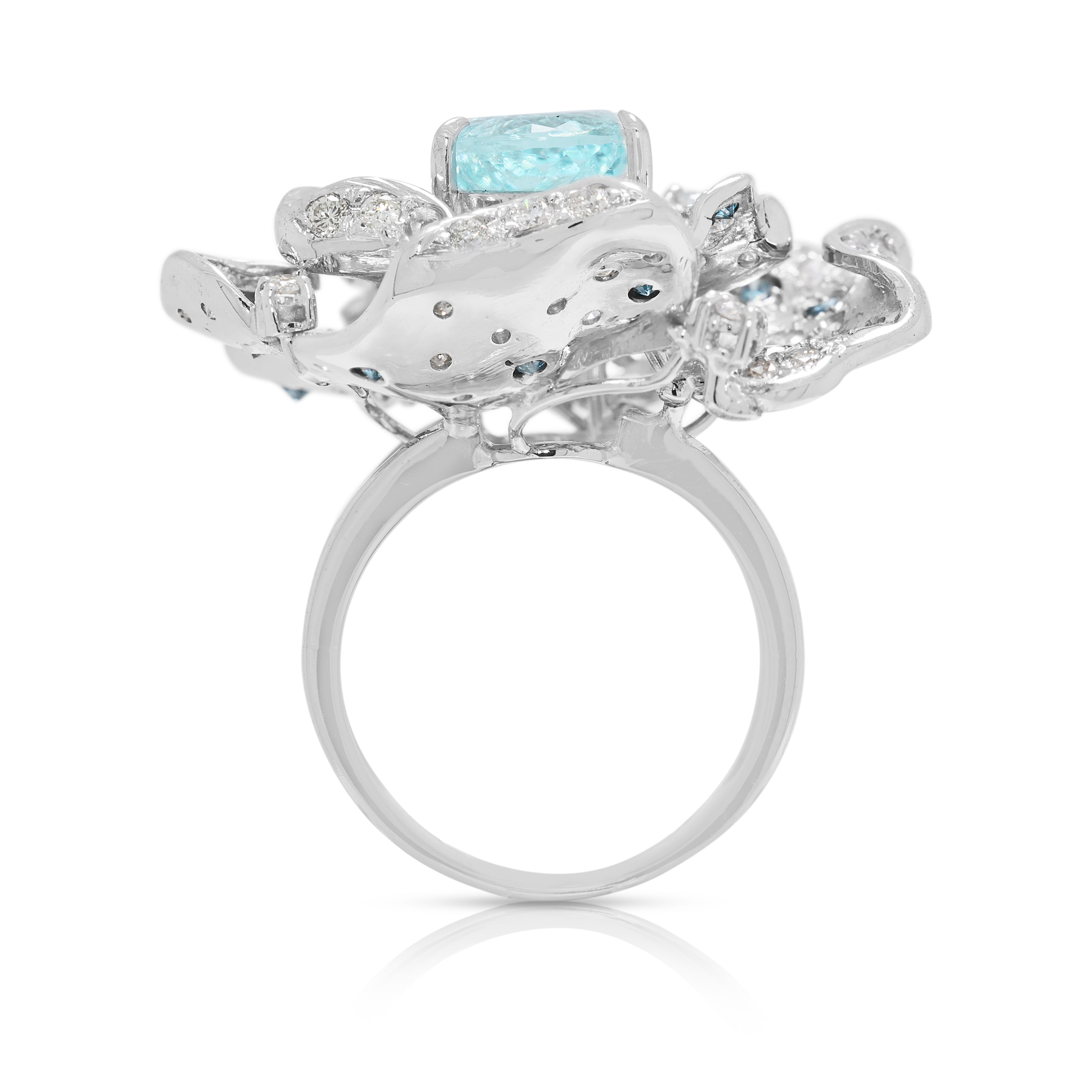 Exquisite 5.93ct Paraiba Tourmaline & Natural Diamond Floral Cocktail Ring in 18K White Gold - GIA Certified
