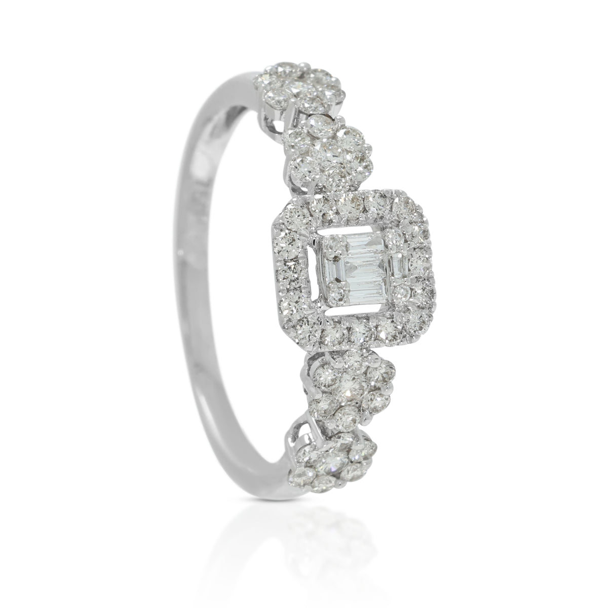 Sophisticated 0.95ct Round Brilliant and 0.10ct Baguette Diamond Emerald-Cut Illusion Halo Ring in 18K White Gold