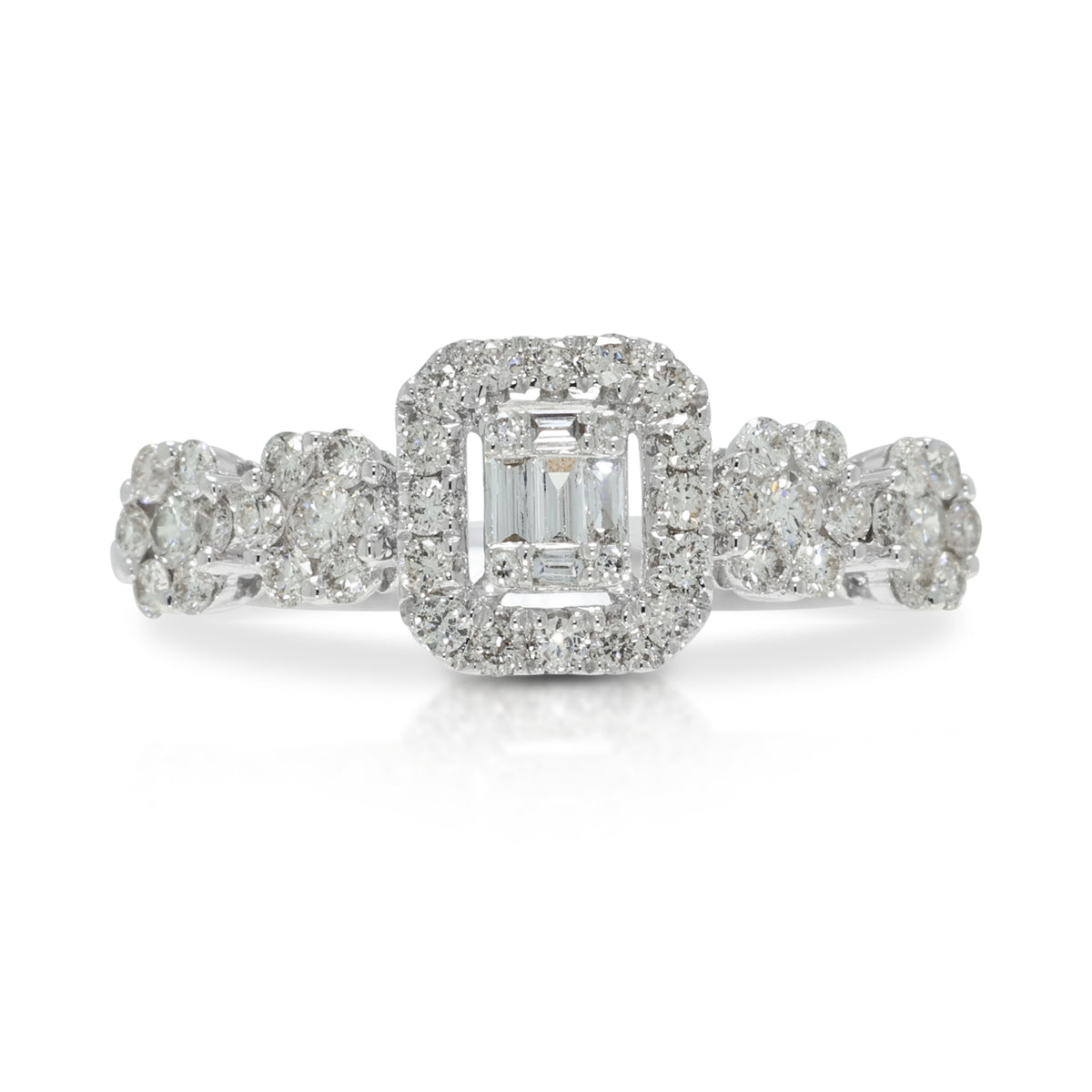 Sophisticated 0.95ct Round Brilliant and 0.10ct Baguette Diamond Emerald-Cut Illusion Halo Ring in 18K White Gold
