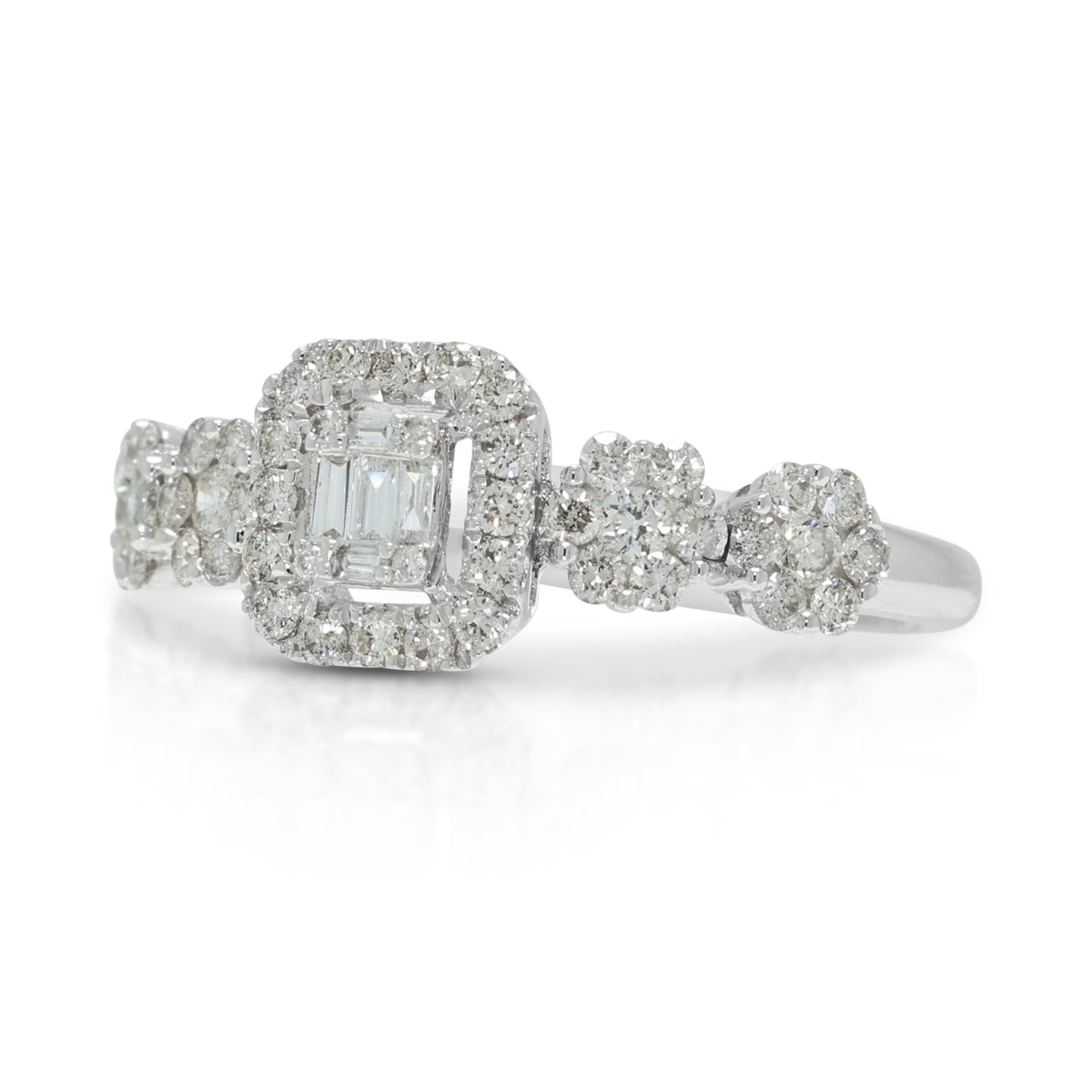 Sophisticated 0.95ct Round Brilliant and 0.10ct Baguette Diamond Emerald-Cut Illusion Halo Ring in 18K White Gold