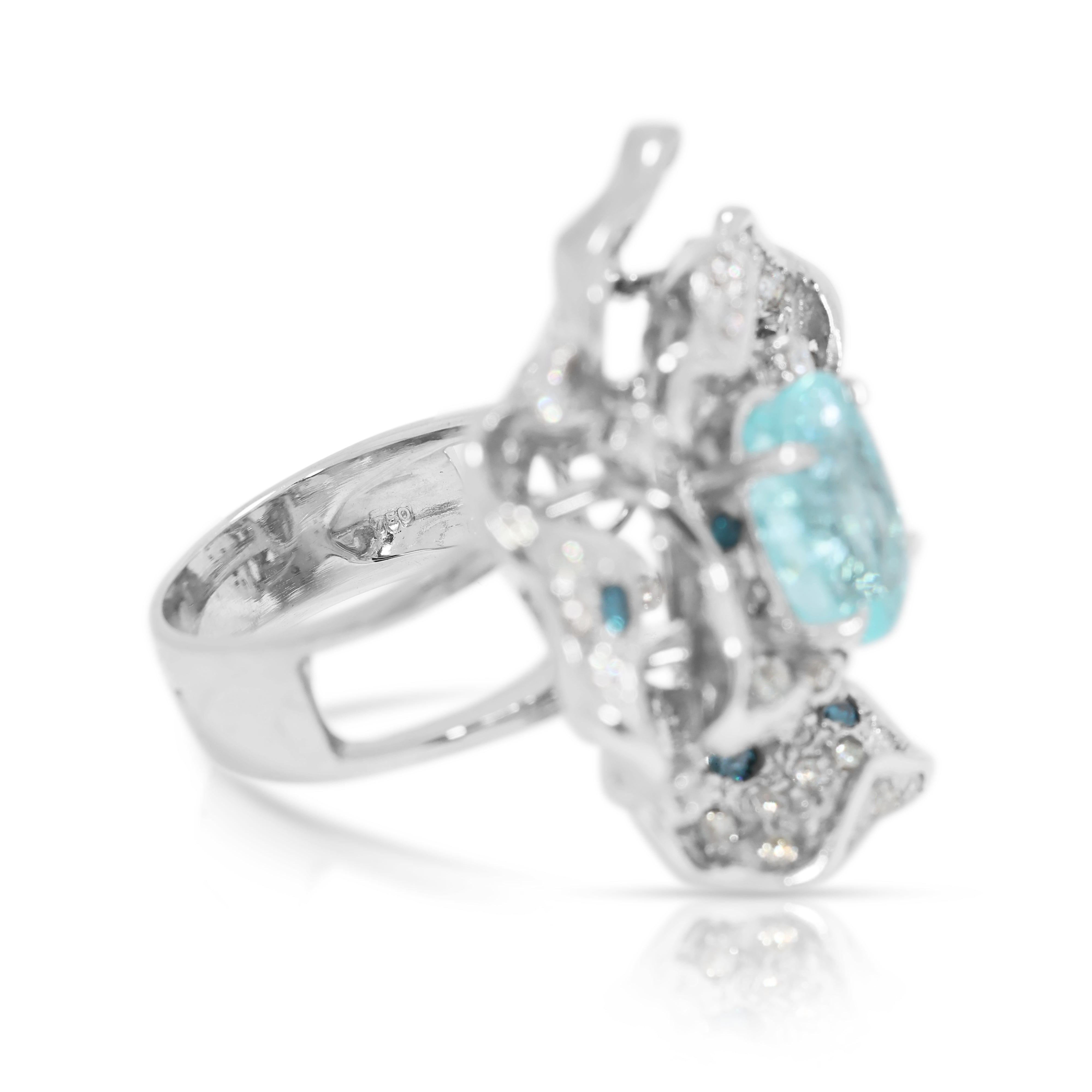 Exquisite 5.93ct Paraiba Tourmaline & Natural Diamond Floral Cocktail Ring in 18K White Gold - GIA Certified