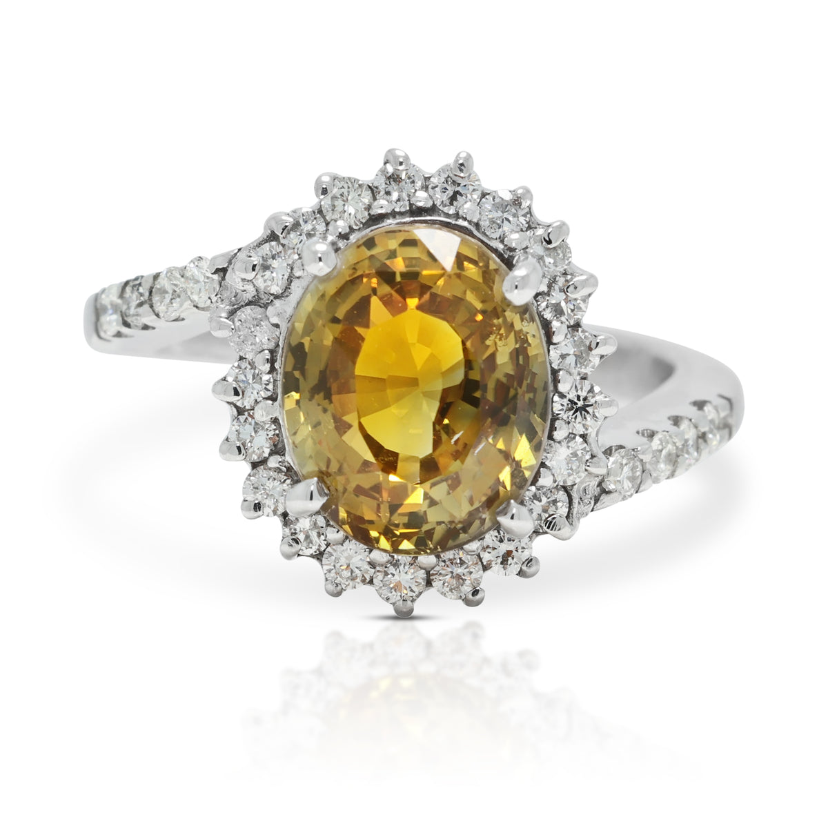 Vibrant 4.81ct Yellow Sapphire and 0.27ct Natural Diamond Bypass Halo Ring in 9K White Gold