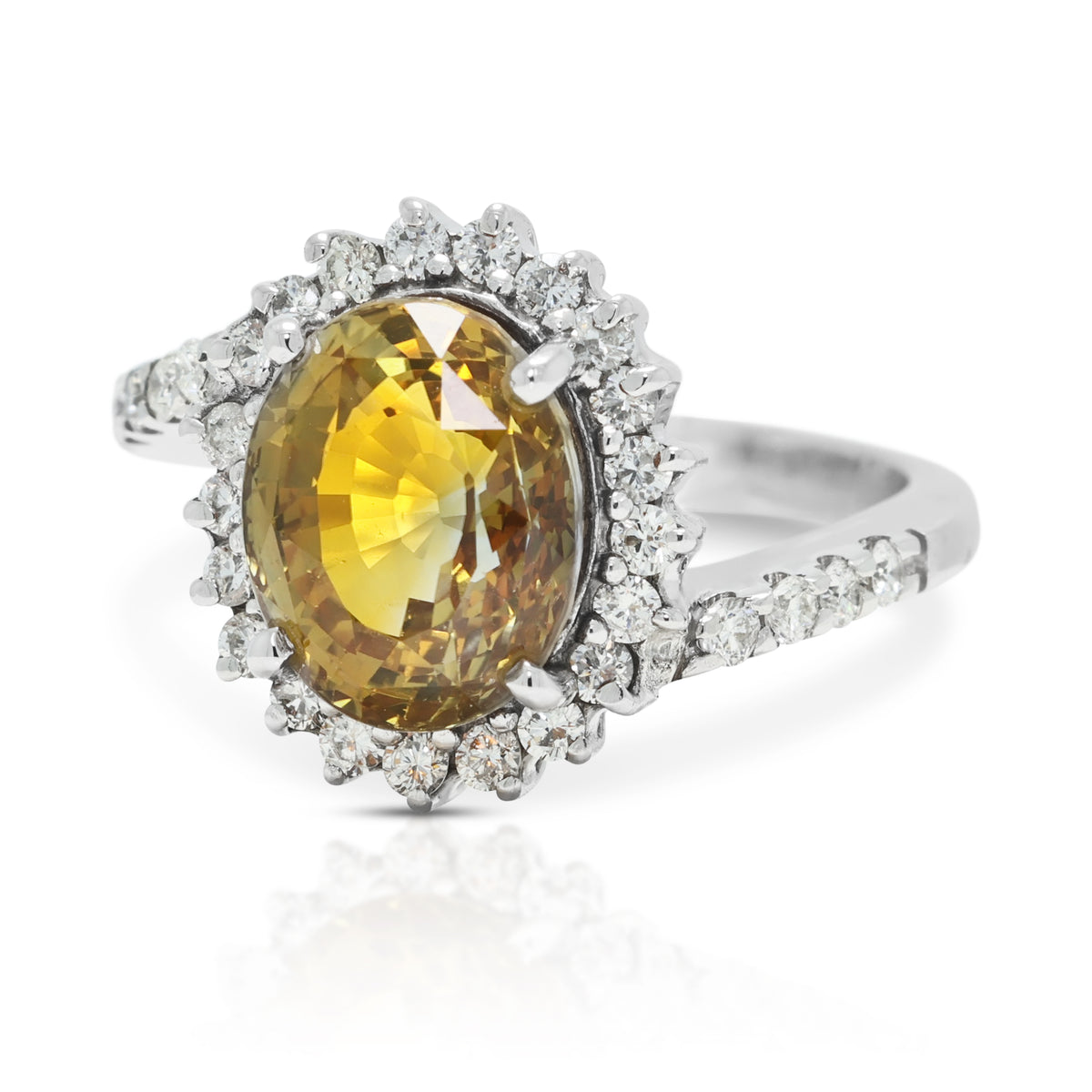 Vibrant 4.81ct Yellow Sapphire and 0.27ct Natural Diamond Bypass Halo Ring in 9K White Gold