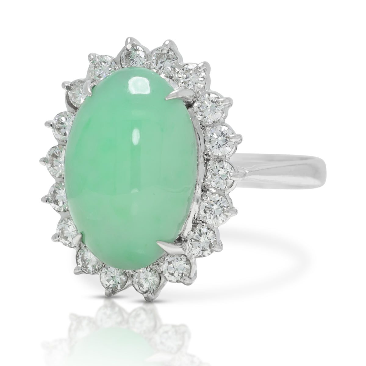 Exquisite Natural Fei Cui Jadeite Jade and 0.36ct Natural Diamond Halo Ring in 14K White Gold - NGI Certified