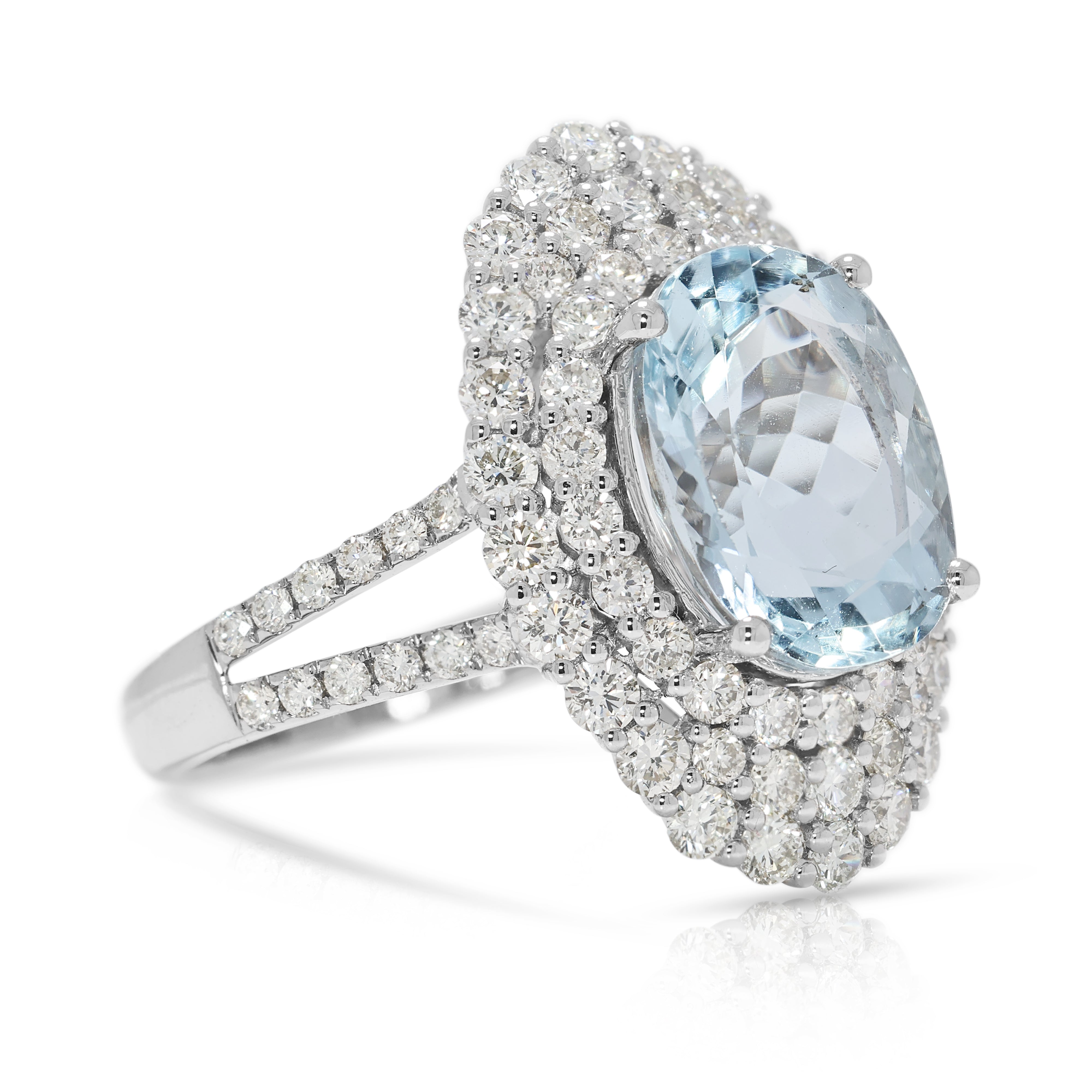 Statement 5.74ct Aquamarine & Natural Diamond Double-Halo Ring in 18K White Gold